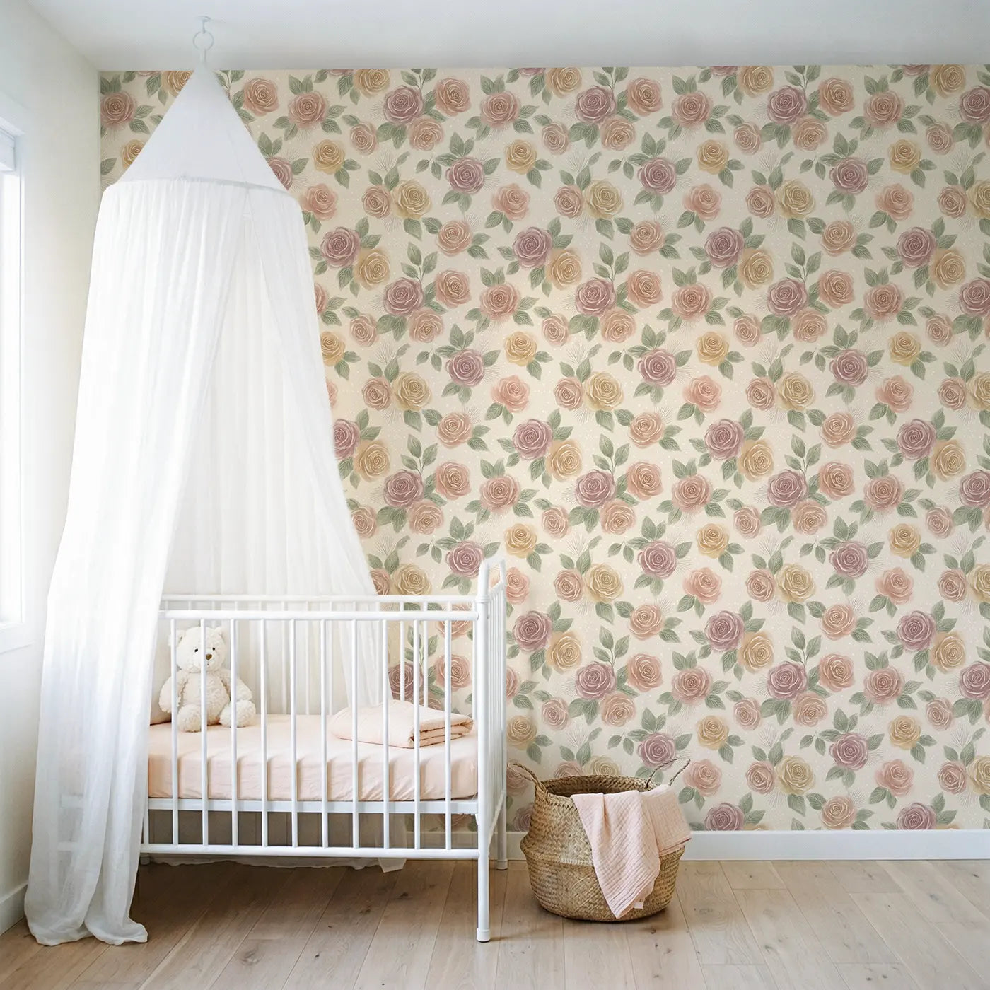 Chalk-Drawn Garden Soft Pastel wallpaper in Scandinavian nursery - Whimsy Tots