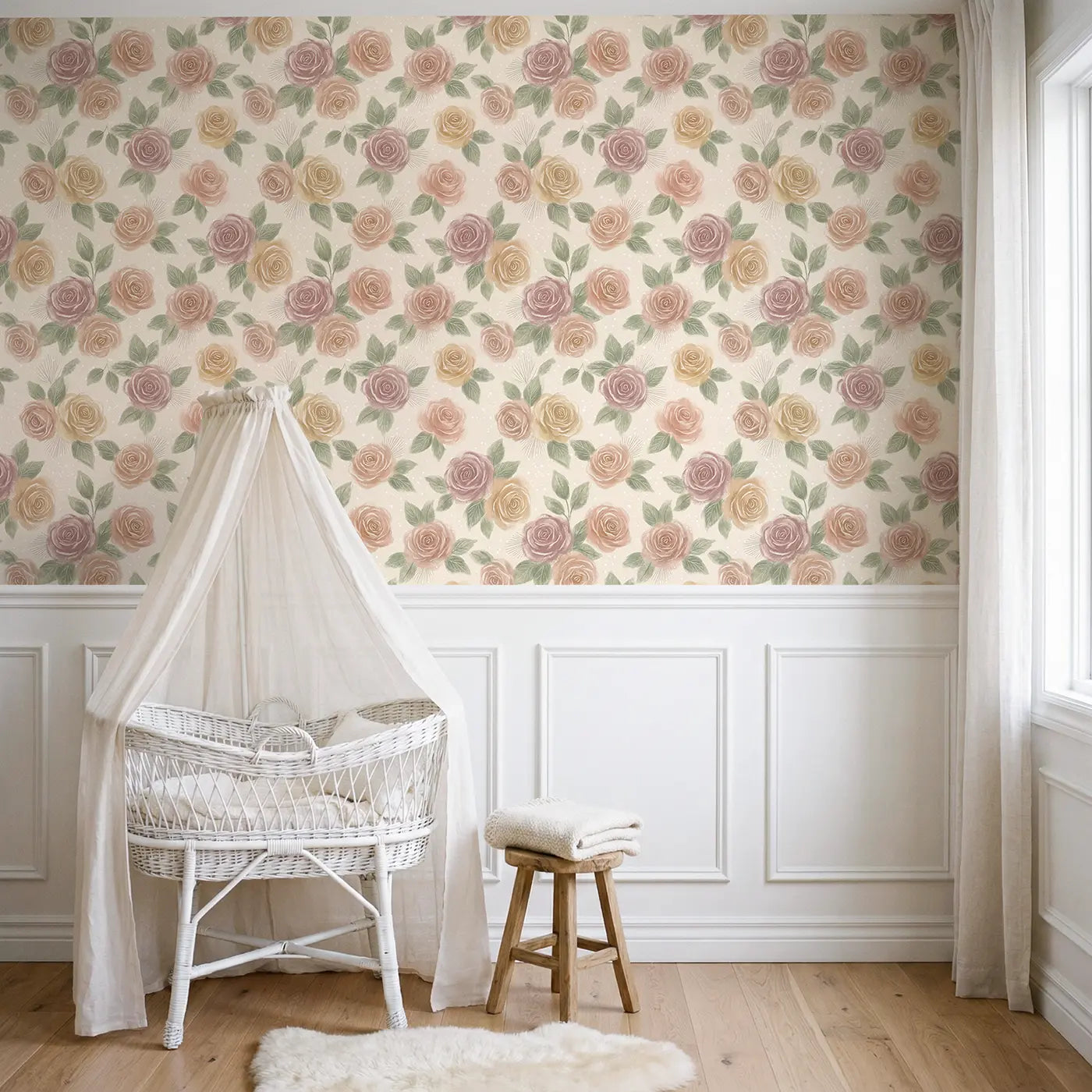 Chalk-Drawn Garden Soft Pastel wallpaper above wainscoting - Whimsy Tots
