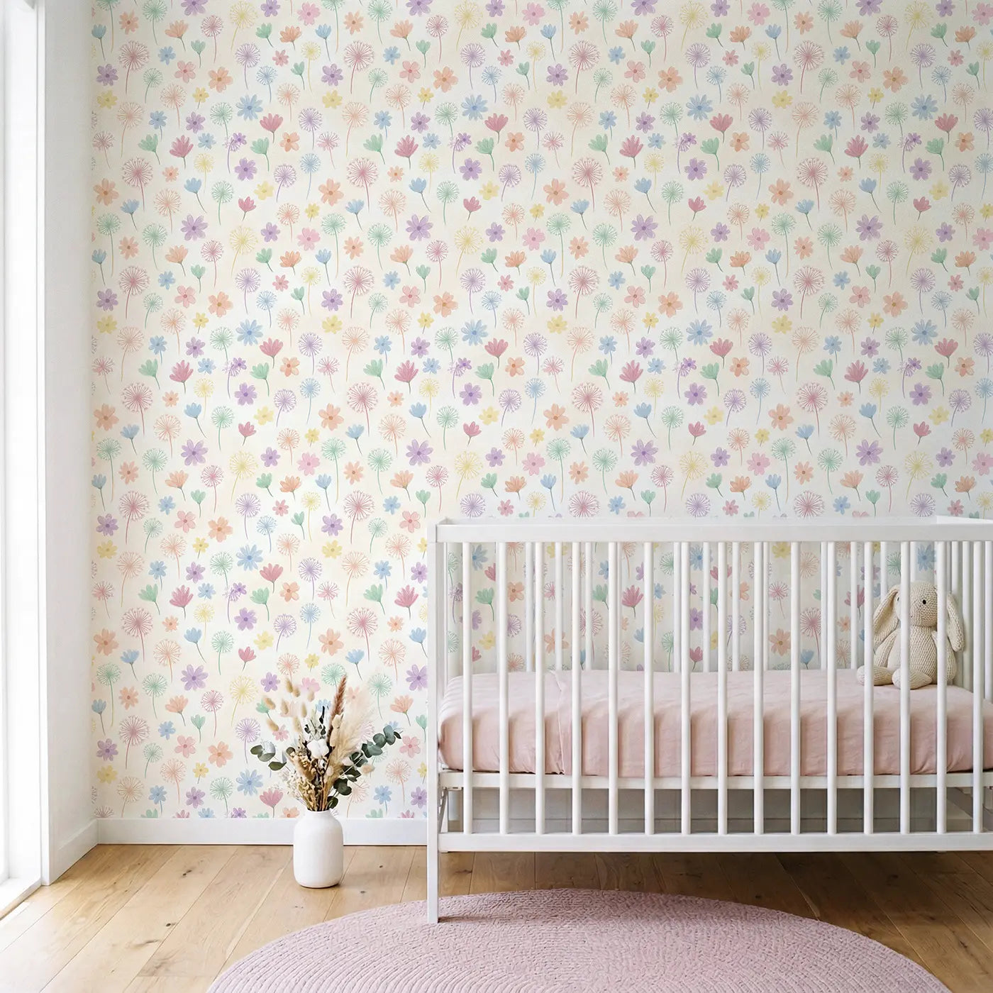 Meadow Flowers Soft Pastel wallpaper in Scandinavian nursery - Whimsy Tots