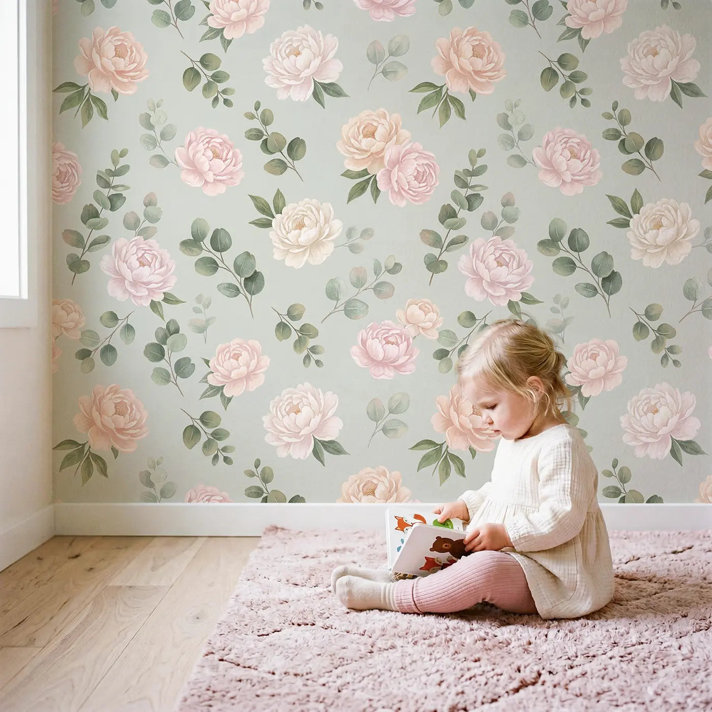 Peony Eucalyptus Soft Pastel wallpaper in styled kids room - Whimsy Tots