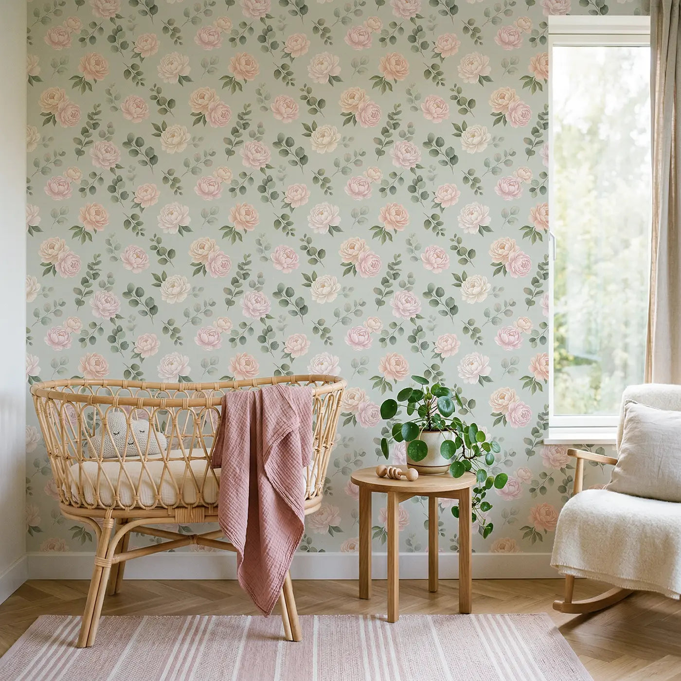 Peony Eucalyptus Soft Pastel wallpaper in Scandinavian nursery - Whimsy Tots
