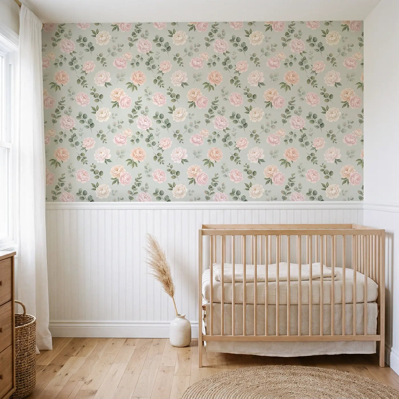 Peony Eucalyptus Soft Pastel wallpaper above wainscoting - Whimsy Tots