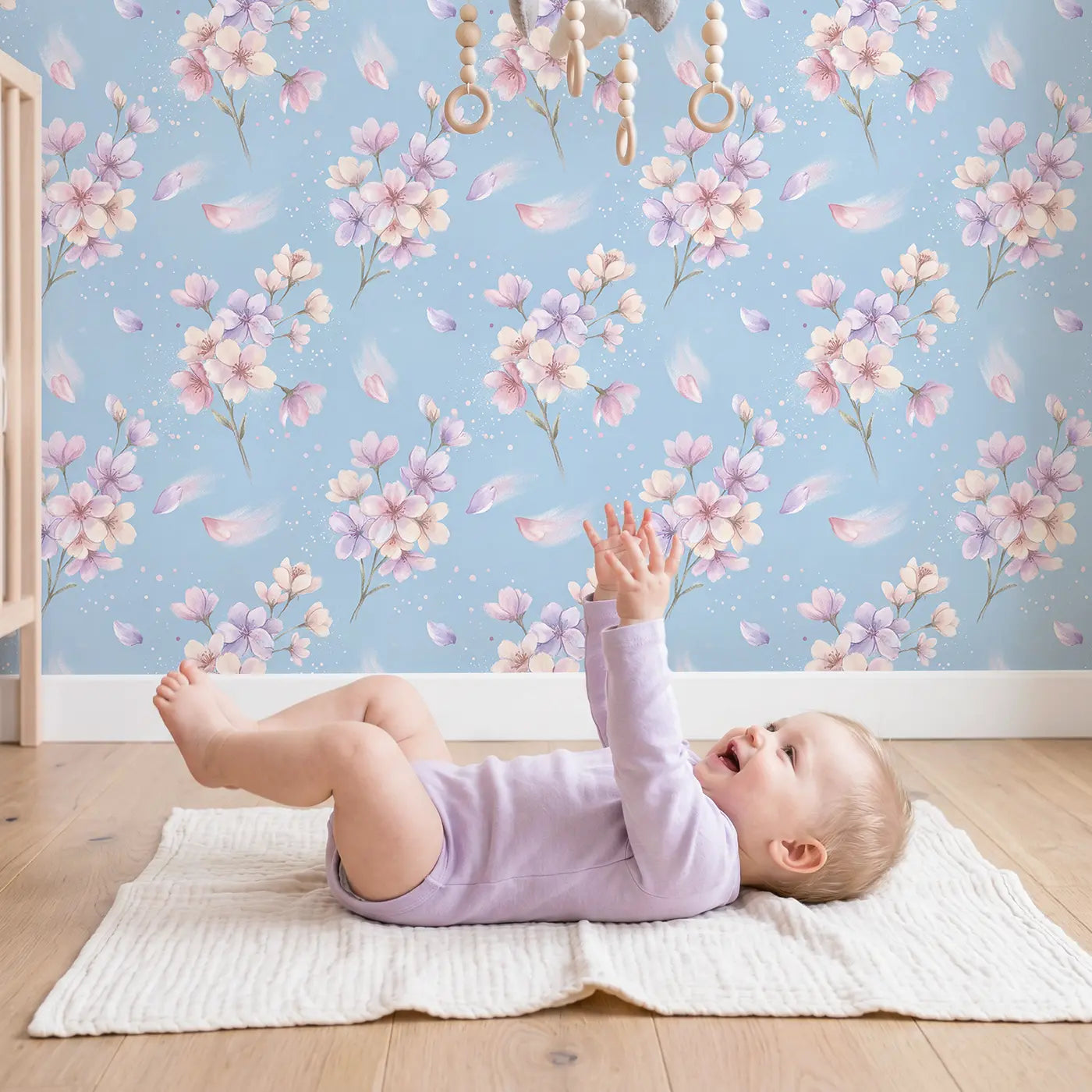 Cherry Blossoms Falling Soft Pastel wallpaper in styled kids room - Whimsy Tots