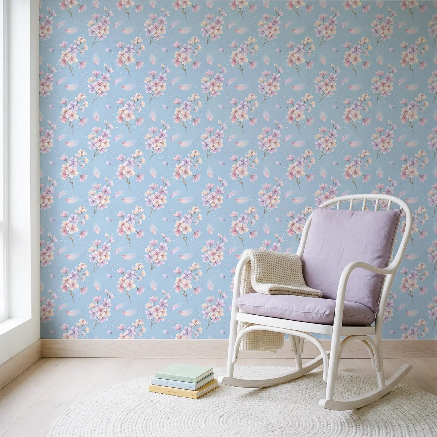 Cherry Blossoms Falling Soft Pastel wallpaper in Scandinavian nursery - Whimsy Tots