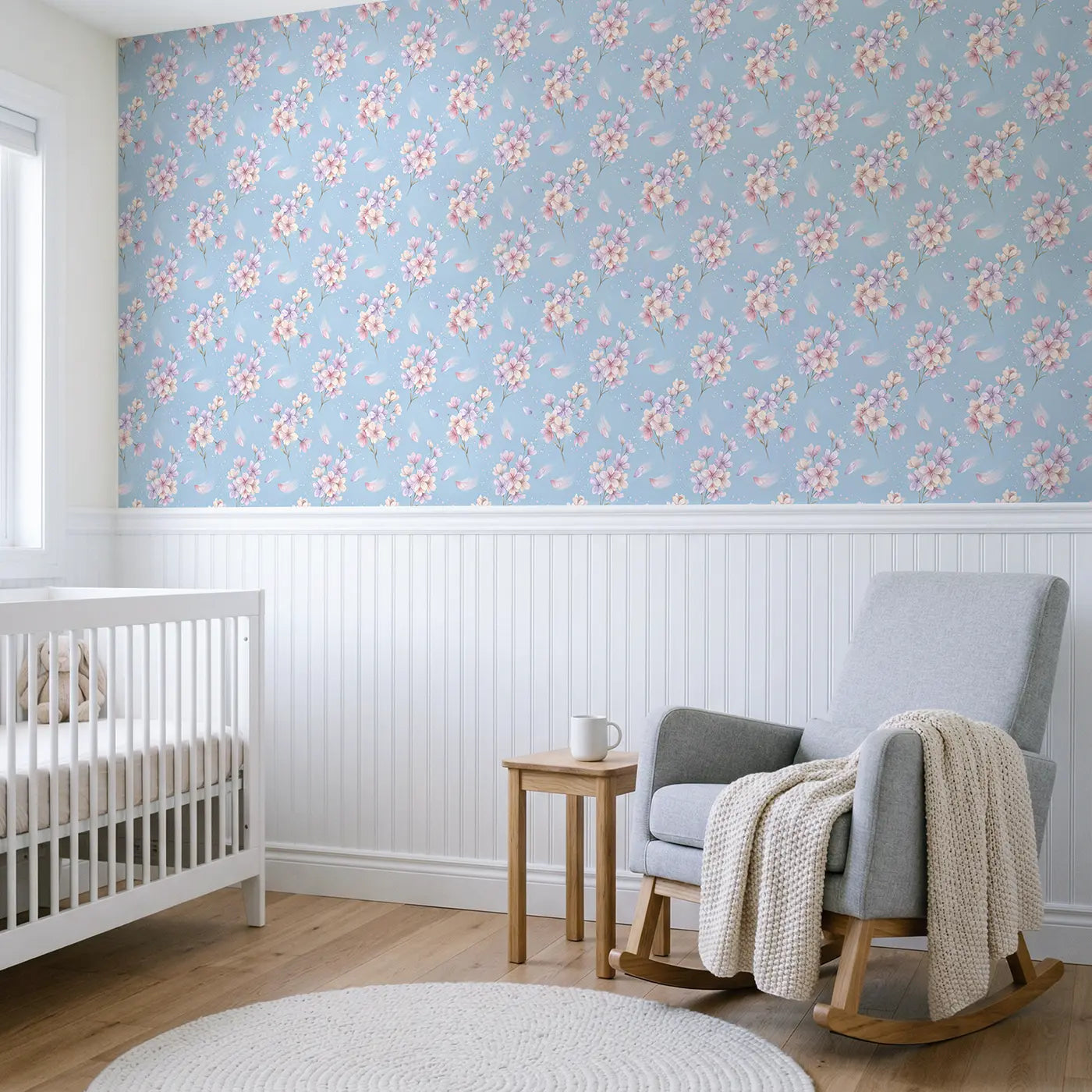 Cherry Blossoms Falling Soft Pastel wallpaper above wainscoting - Whimsy Tots