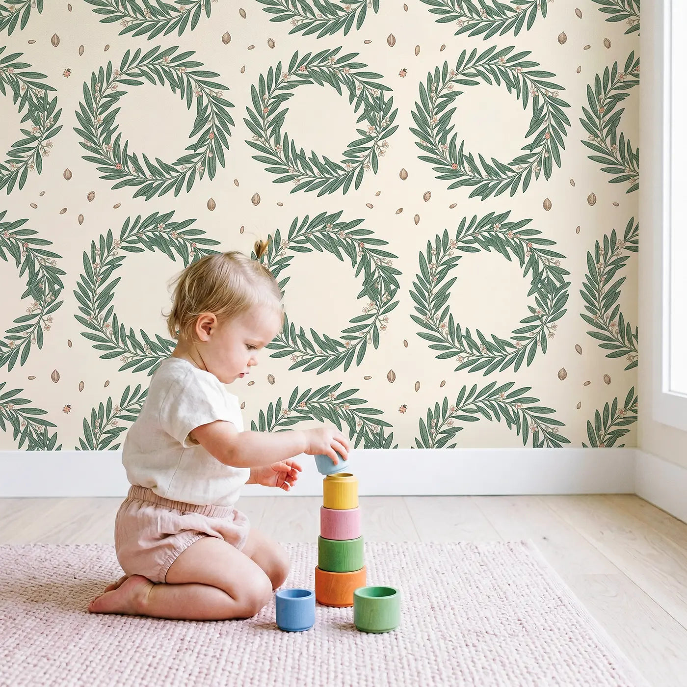 Olive Branch Wreath Botanical Elegance wallpaper in styled kids room - Whimsy Tots