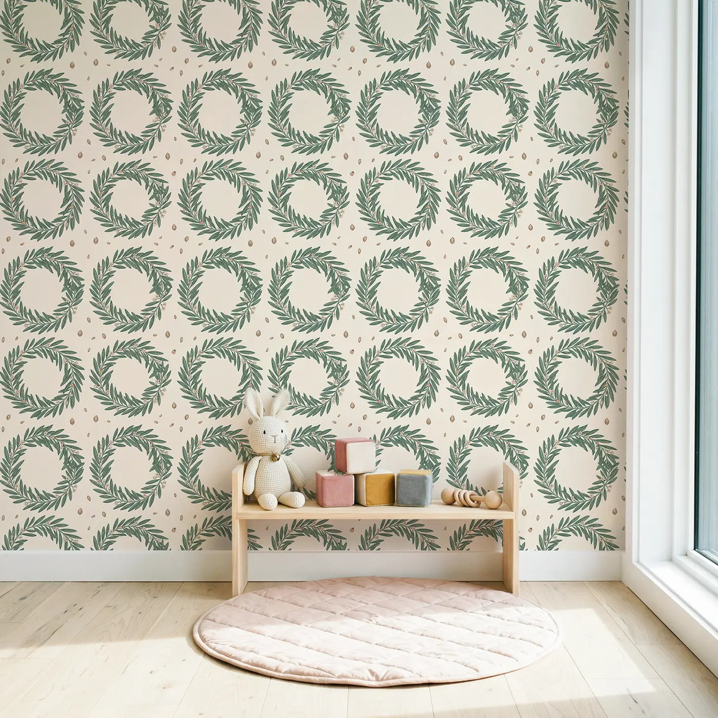 Olive Branch Wreath Botanical Elegance wallpaper in Scandinavian nursery - Whimsy Tots