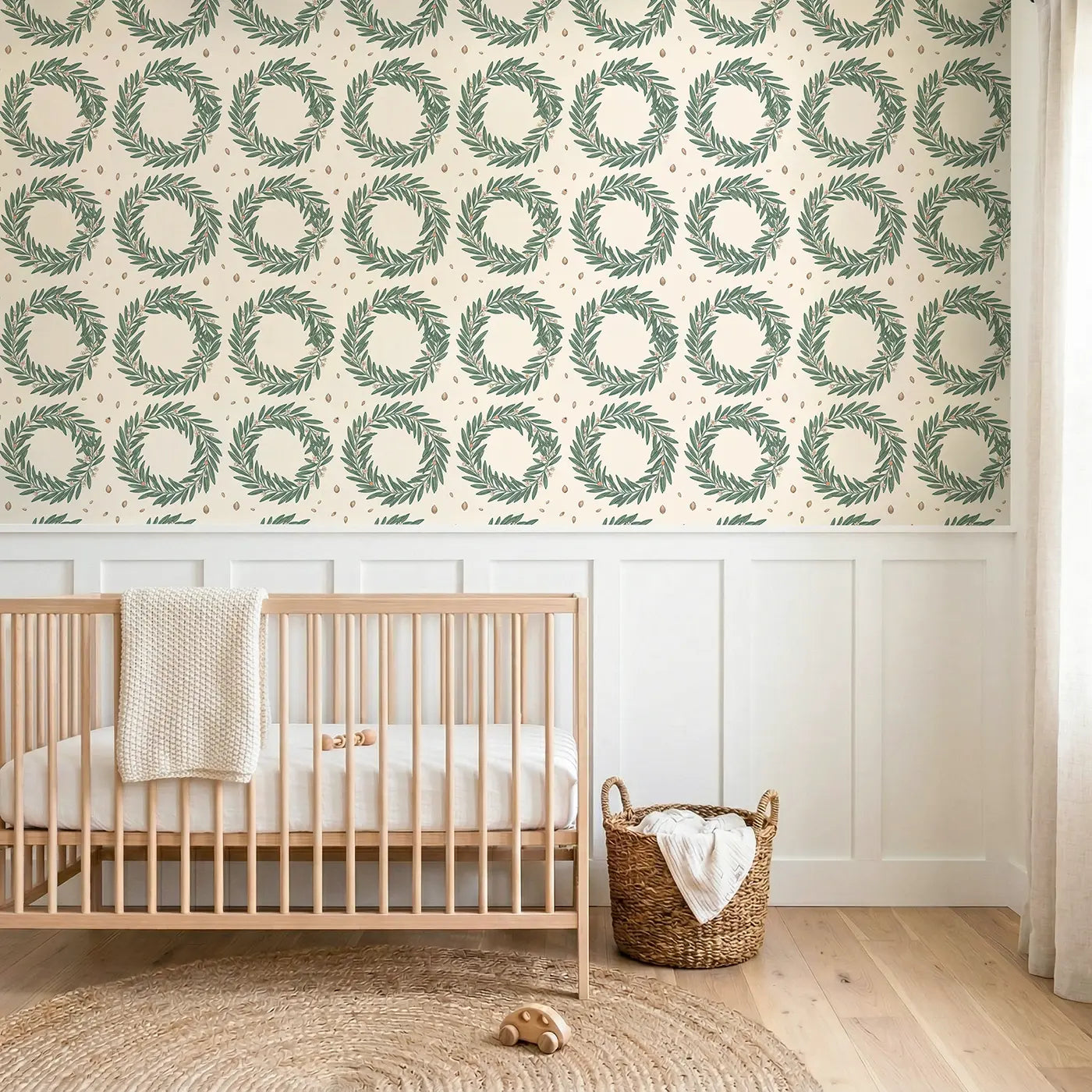 Olive Branch Wreath Botanical Elegance wallpaper above wainscoting - Whimsy Tots