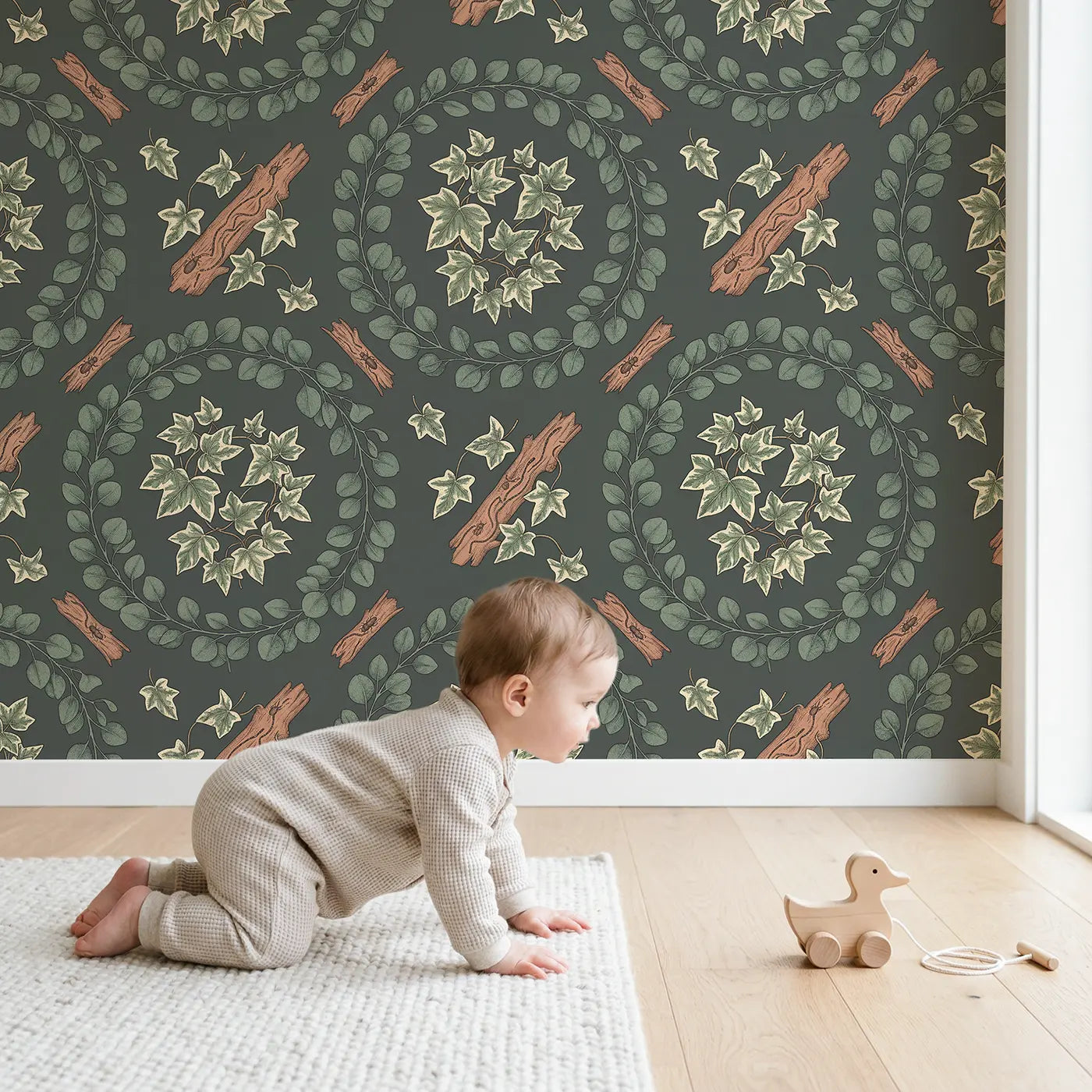 Eucalyptus Wreath Fragments Botanical Elegance wallpaper in styled kids room - Whimsy Tots