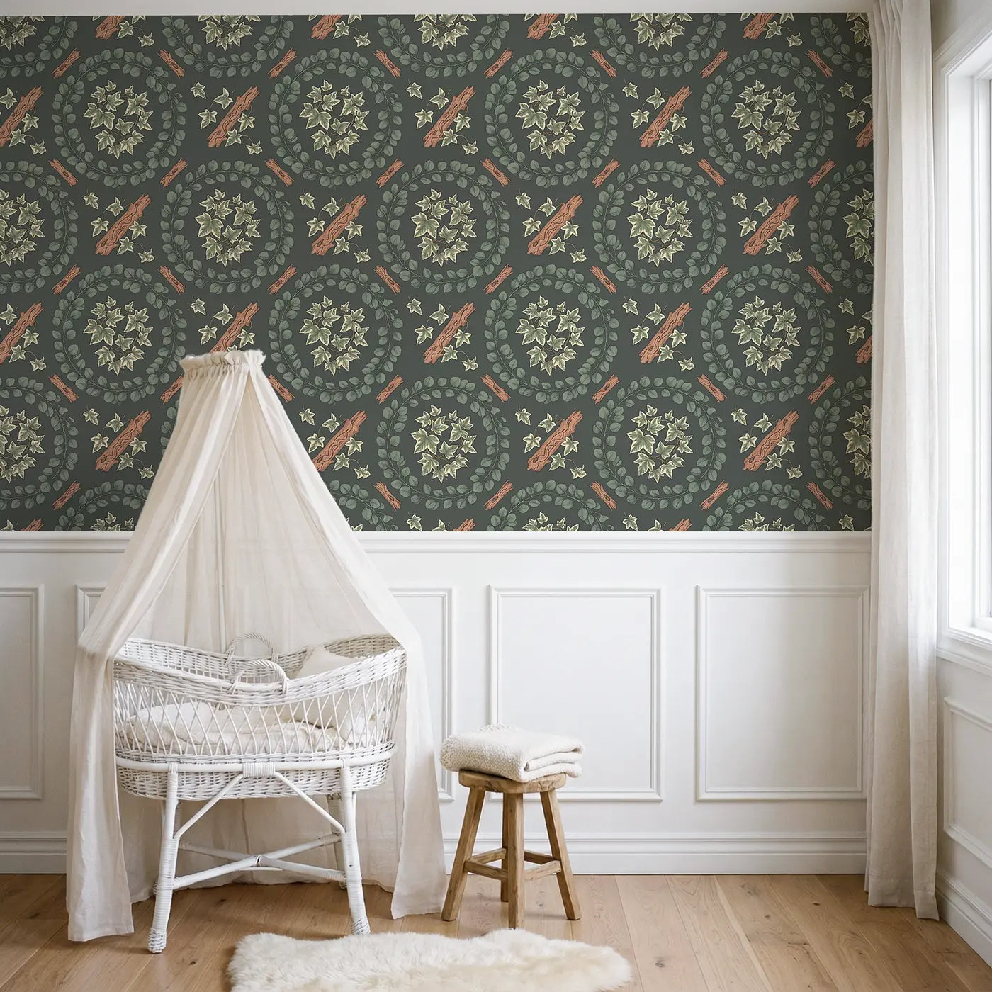 Eucalyptus Wreath Fragments Botanical Elegance wallpaper above wainscoting - Whimsy Tots