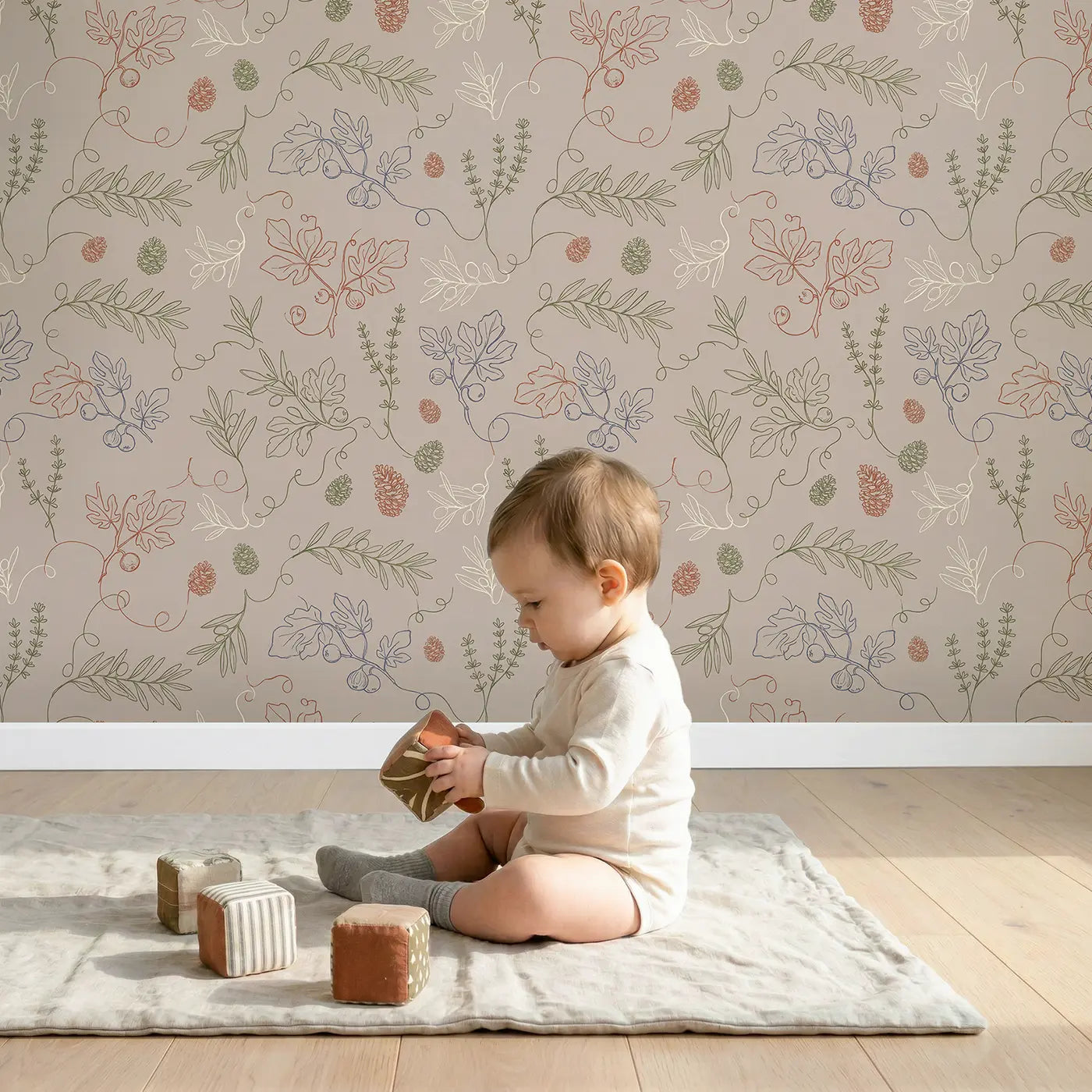 Trailing Olive Branch Hand-Drawn wallpaper in styled kids room - Whimsy Tots