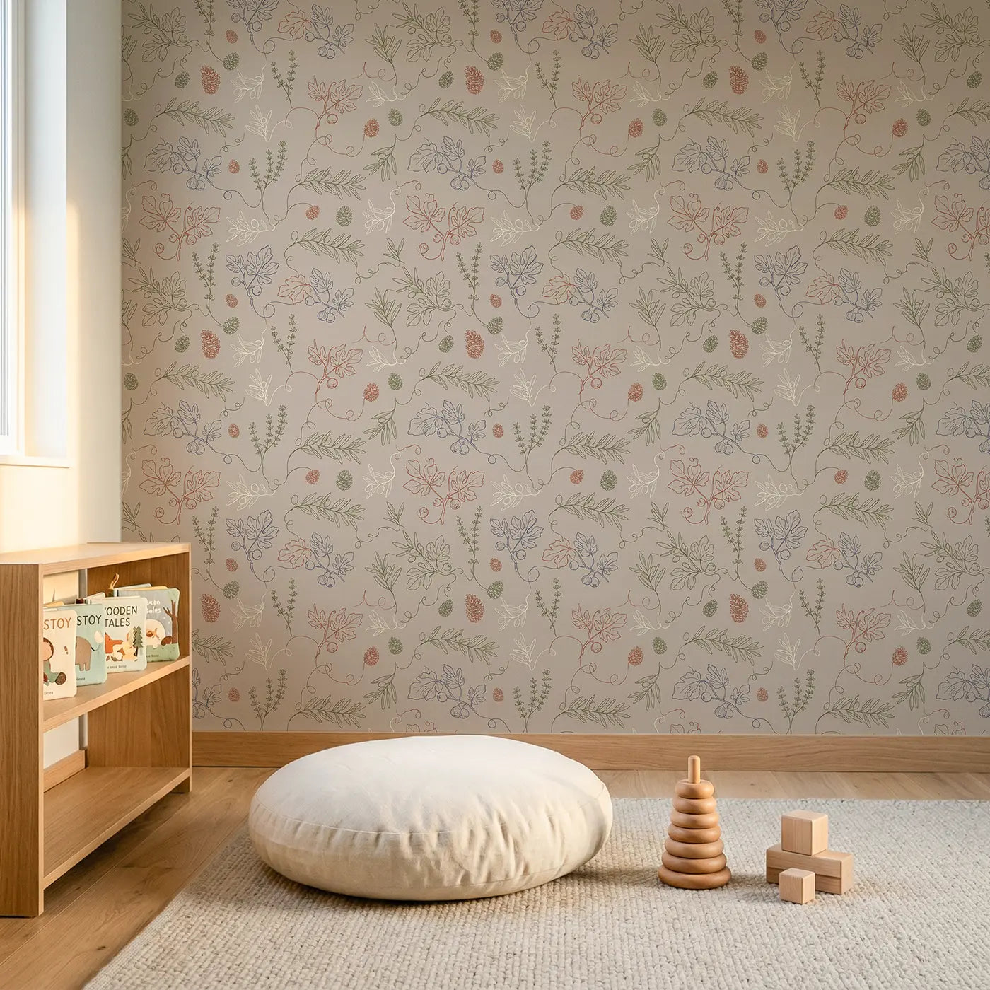 Trailing Olive Branch Hand-Drawn wallpaper in Scandinavian nursery - Whimsy Tots