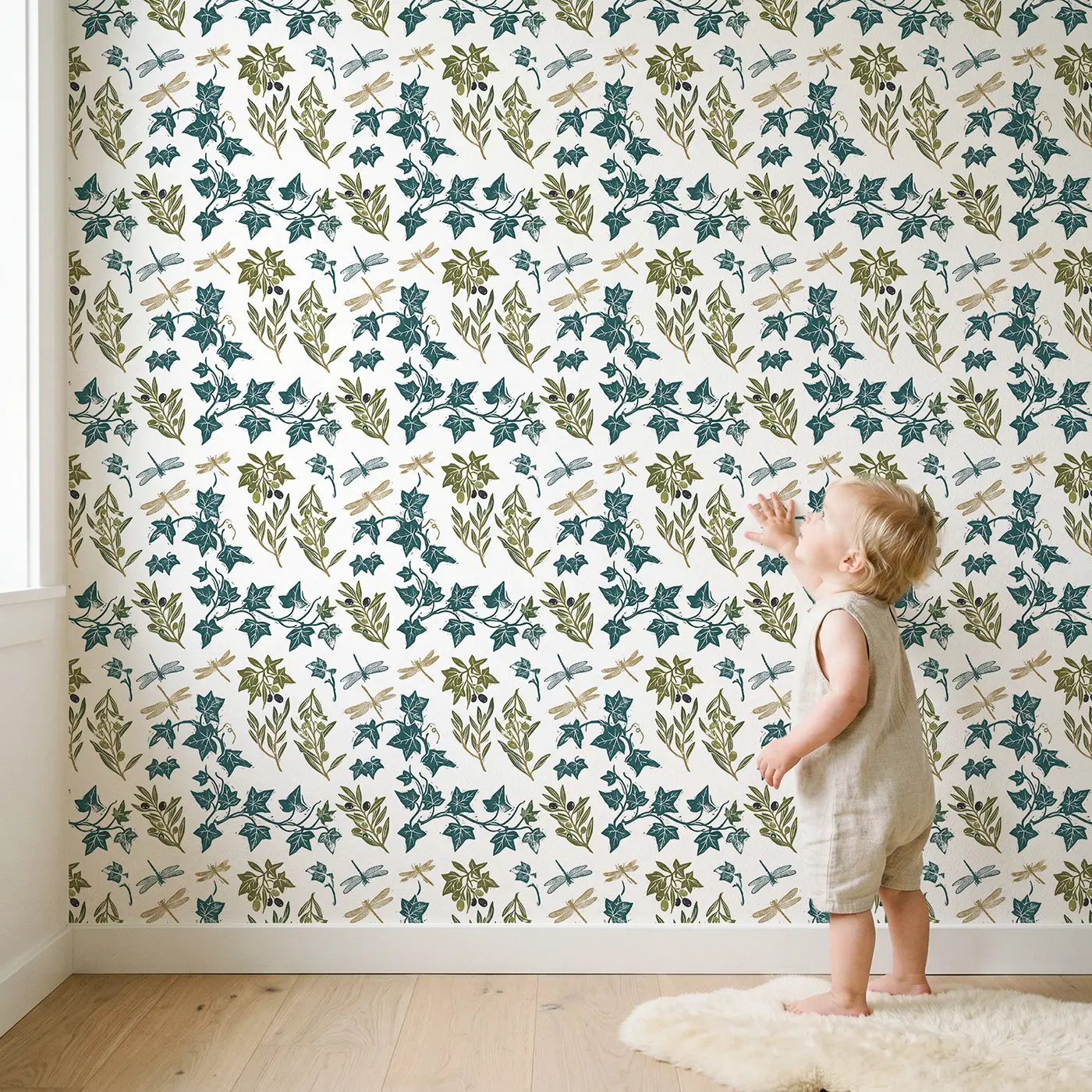 Trailing English Ivy Block Print wallpaper in styled kids room - Whimsy Tots
