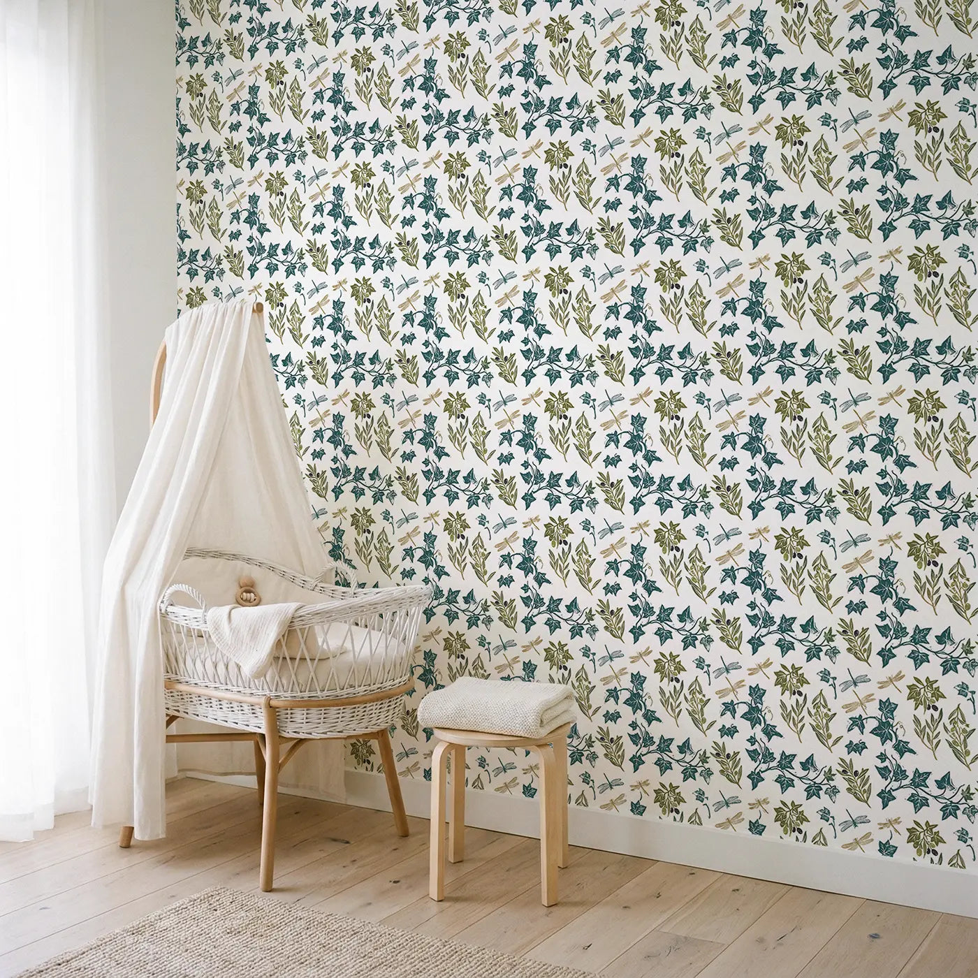 Trailing English Ivy Block Print wallpaper in Scandinavian nursery - Whimsy Tots
