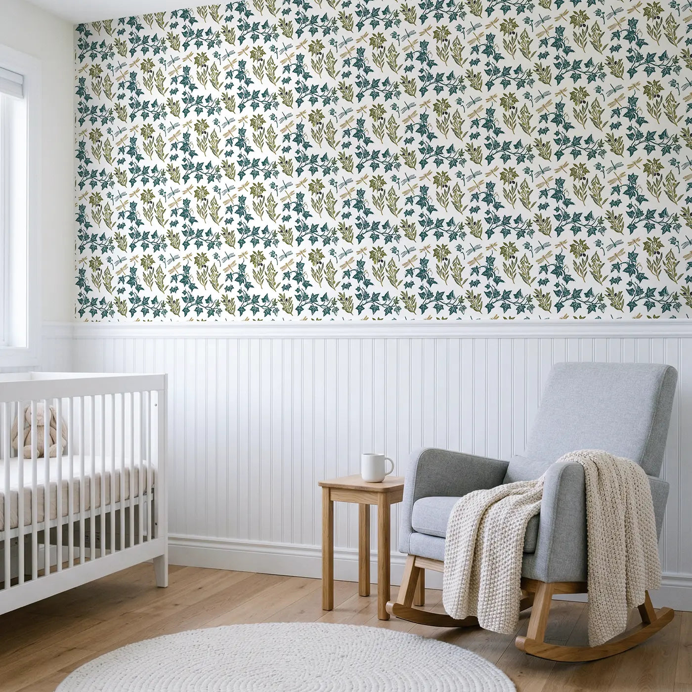 Trailing English Ivy Block Print wallpaper above wainscoting - Whimsy Tots
