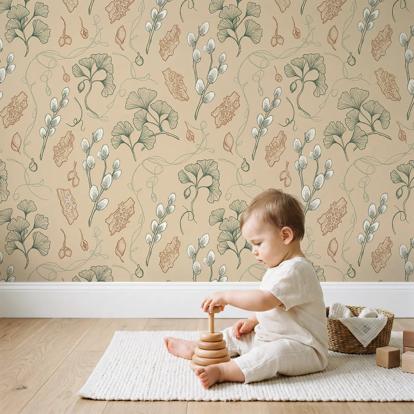Pussy Willow Stems Hand-Drawn wallpaper in styled kids room - Whimsy Tots