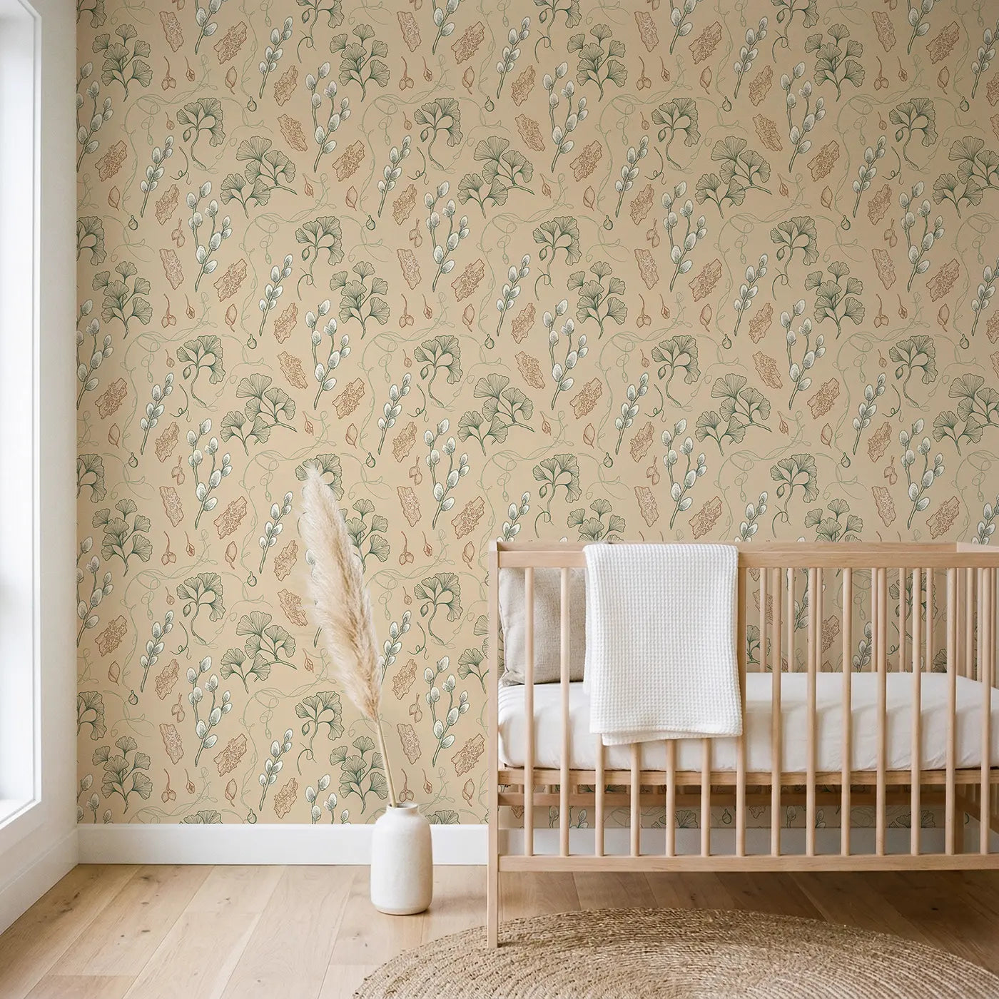 Pussy Willow Stems Hand-Drawn wallpaper in Scandinavian nursery - Whimsy Tots