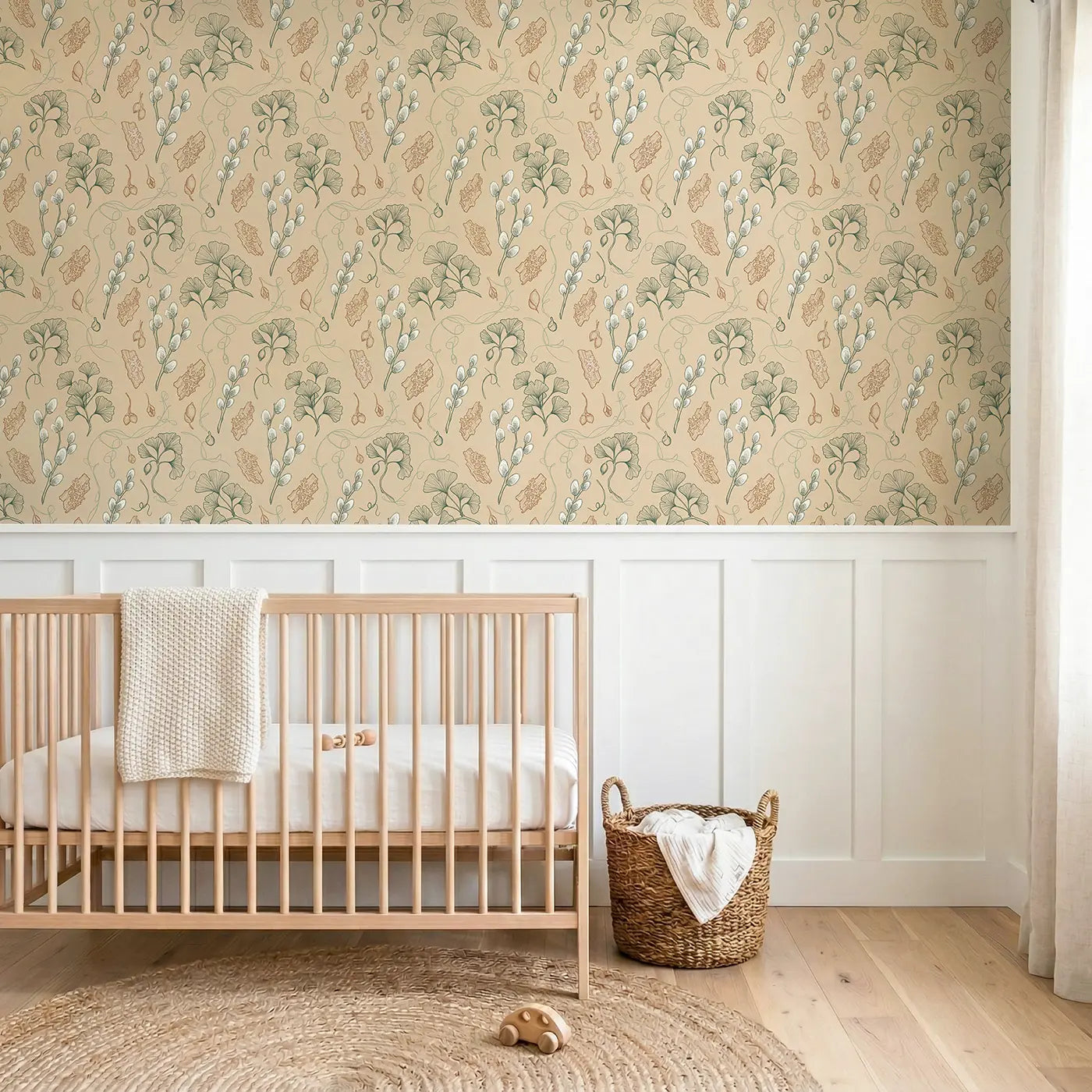 Pussy Willow Stems Hand-Drawn wallpaper above wainscoting - Whimsy Tots