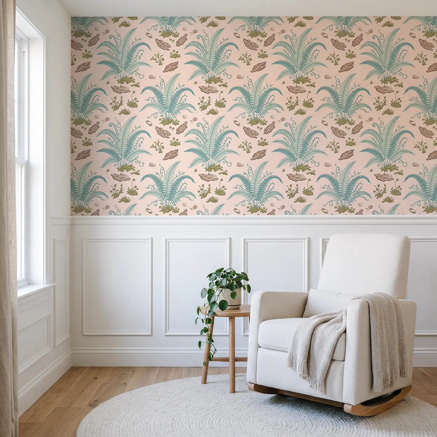 Boston Fern Botanical Elegance wallpaper above wainscoting - Whimsy Tots