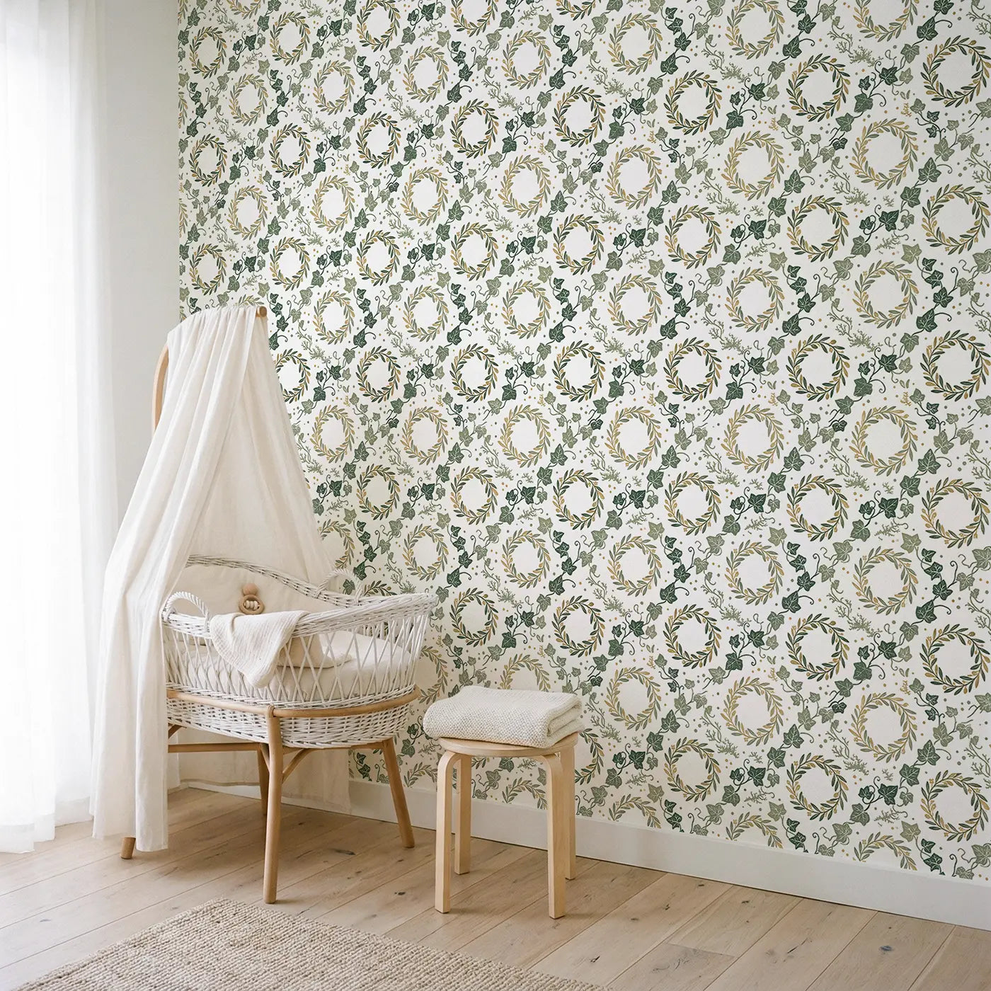 Dense Ivy Tendrils Block Print wallpaper in Scandinavian nursery - Whimsy Tots