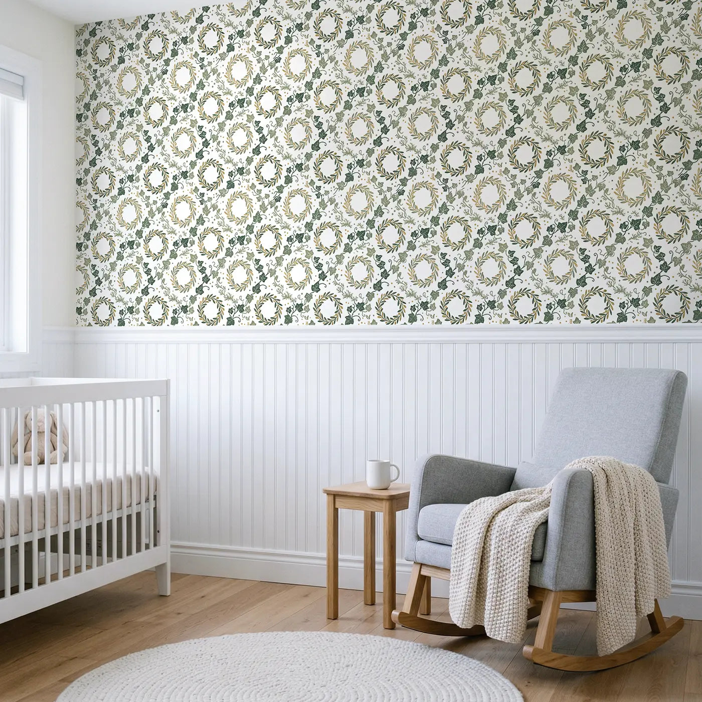 Dense Ivy Tendrils Block Print wallpaper above wainscoting - Whimsy Tots