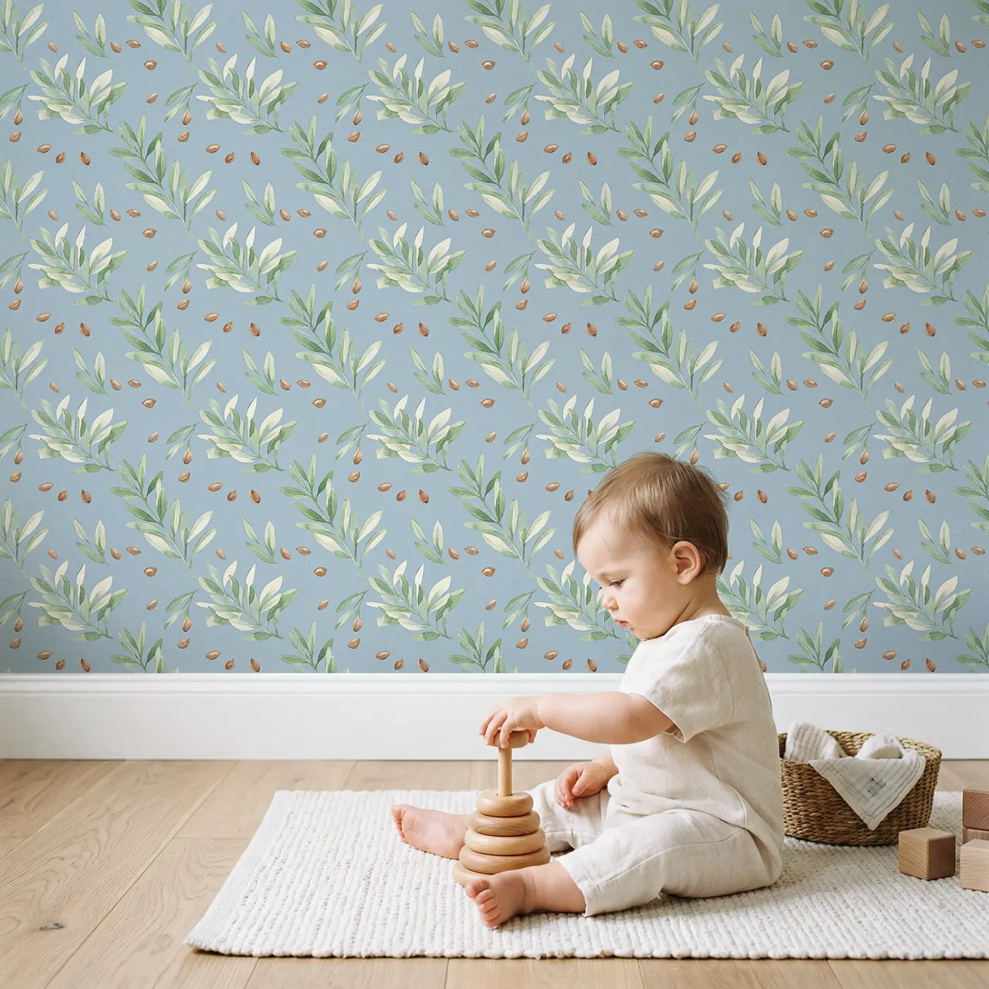 Trailing Olive Branch Watercolor wallpaper in styled kids room - Whimsy Tots