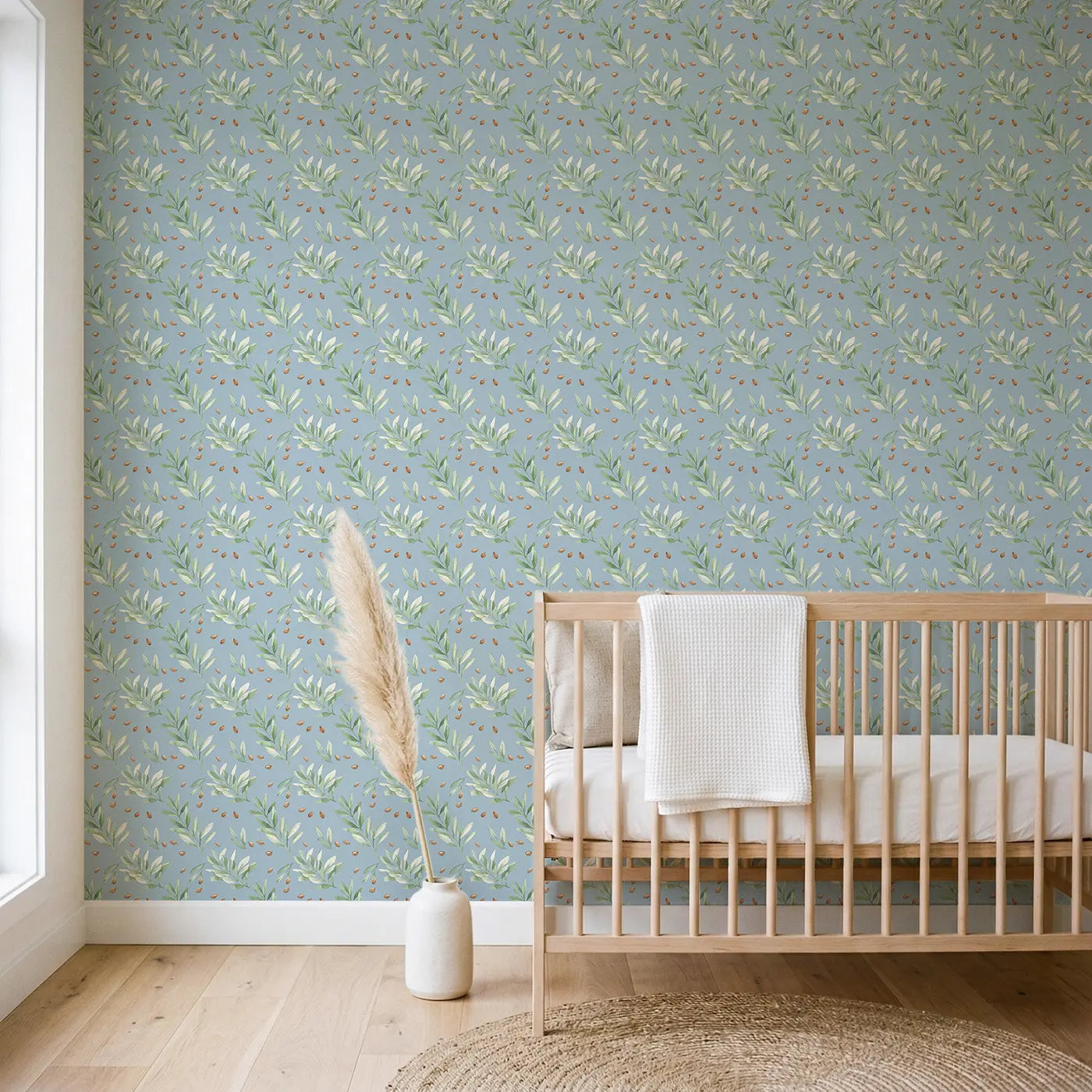 Trailing Olive Branch Watercolor wallpaper in Scandinavian nursery - Whimsy Tots