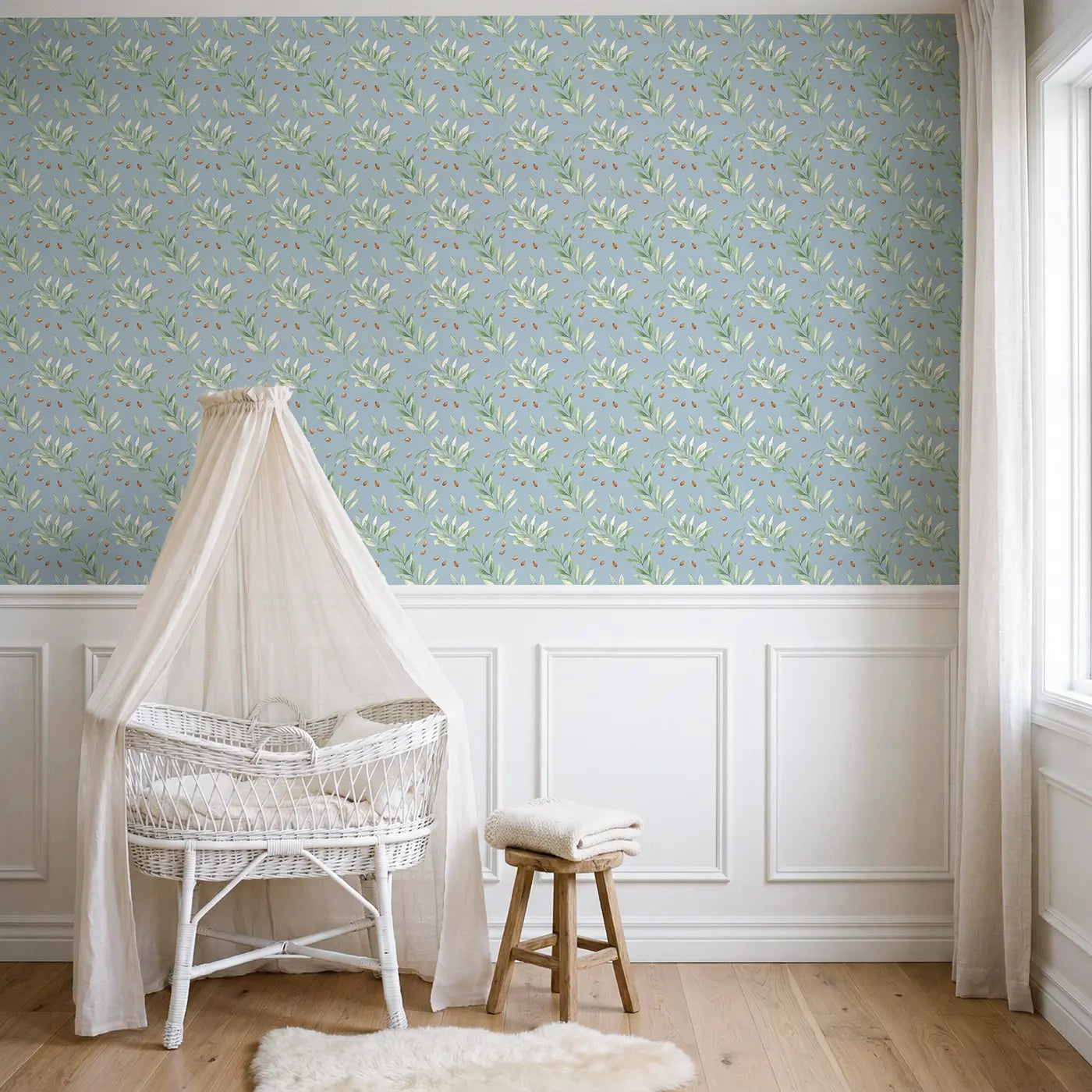 Trailing Olive Branch Watercolor wallpaper above wainscoting - Whimsy Tots