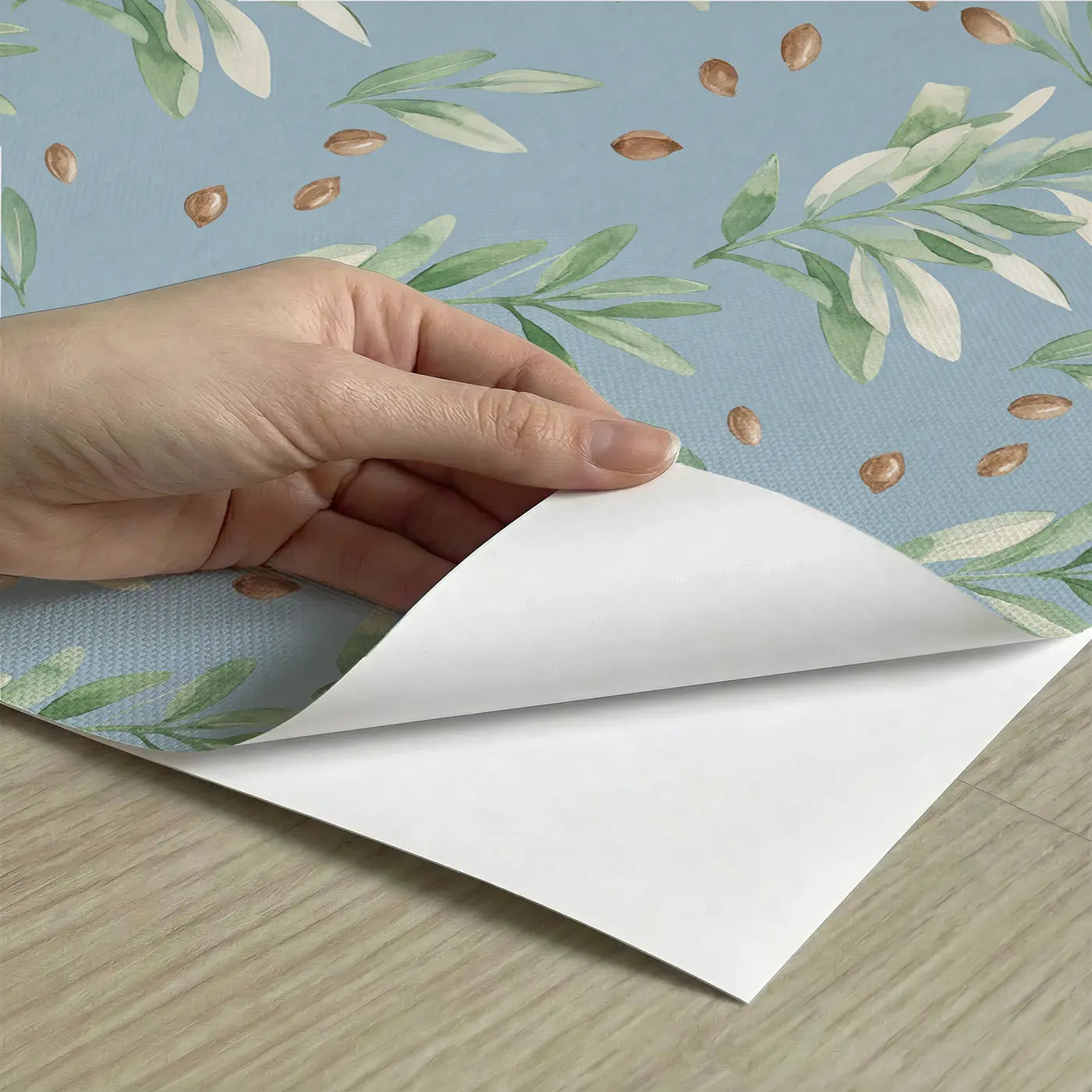Trailing Olive Branch Watercolor peel and stick material close-up - Whimsy Tots
