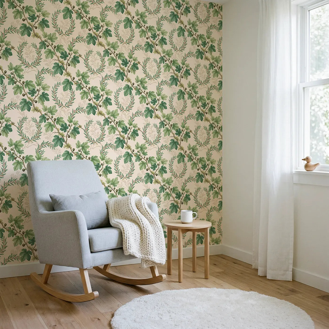 Fig Branch Botanical Elegance wallpaper in Scandinavian nursery - Whimsy Tots