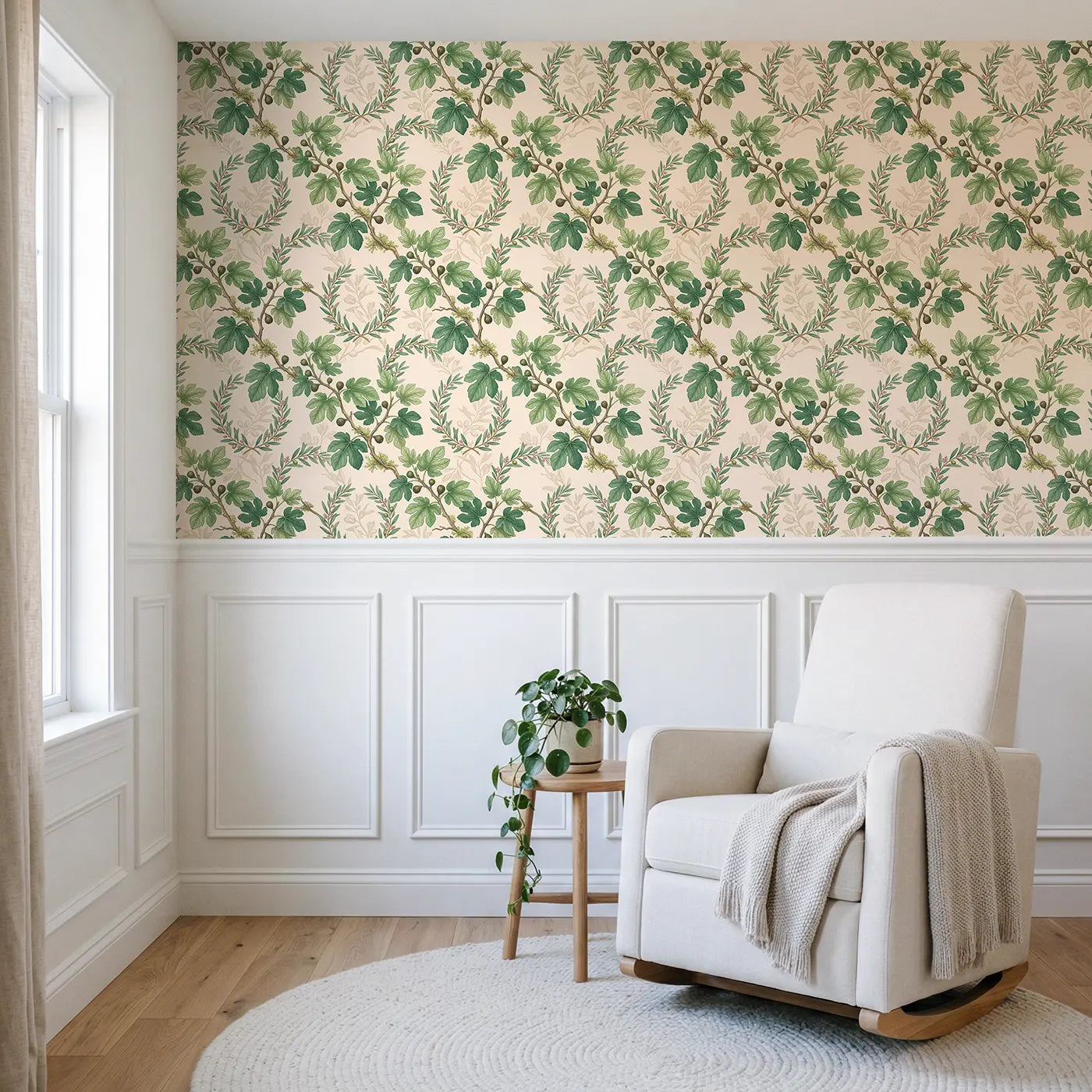 Fig Branch Botanical Elegance wallpaper above wainscoting - Whimsy Tots