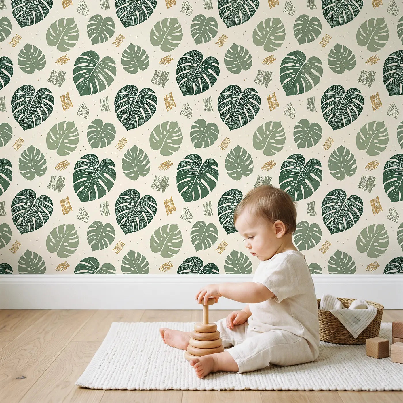 Monstera Deliciosa Block Print wallpaper in styled kids room - Whimsy Tots
