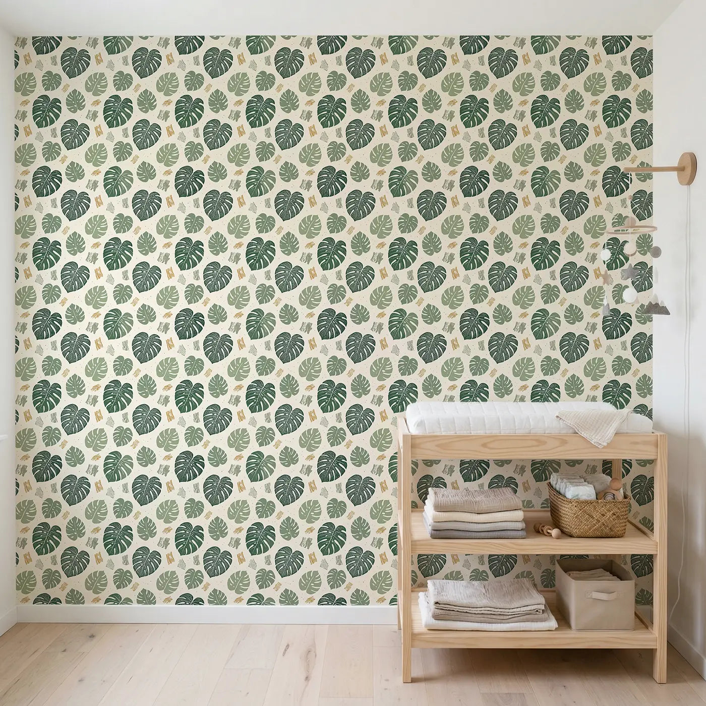 Monstera Deliciosa Block Print wallpaper in Scandinavian nursery - Whimsy Tots
