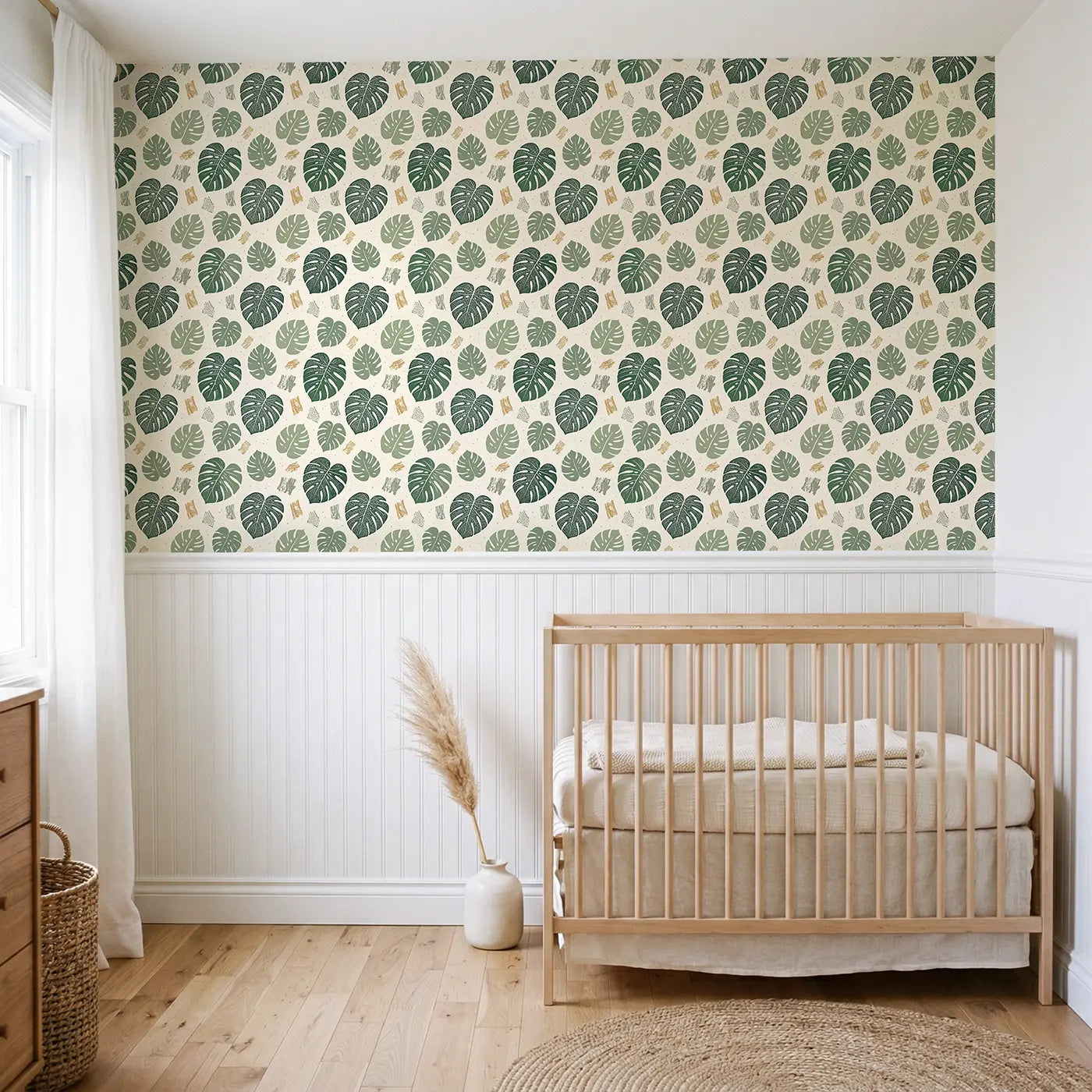 Monstera Deliciosa Block Print wallpaper above wainscoting - Whimsy Tots