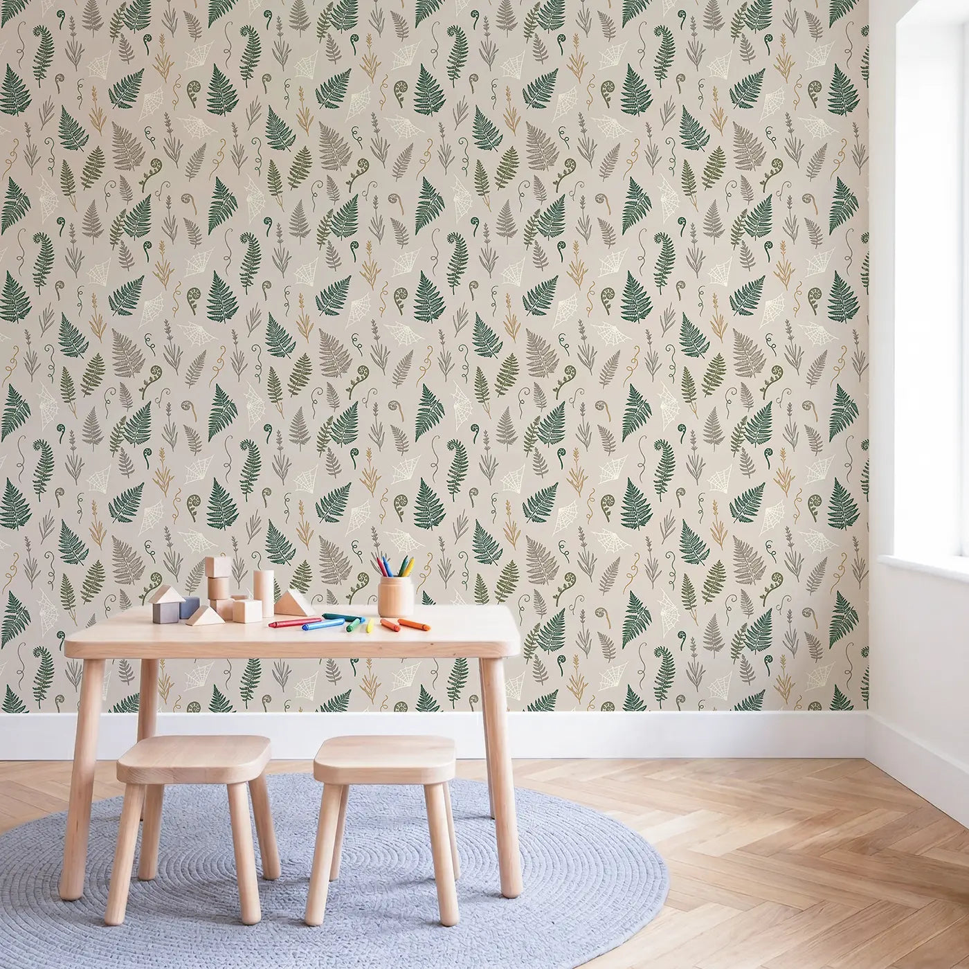 Mixed Fern Block Print wallpaper in Scandinavian nursery - Whimsy Tots