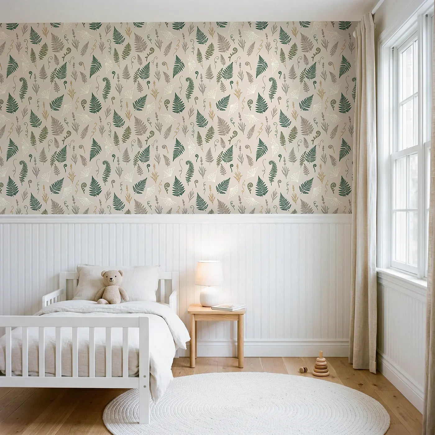 Mixed Fern Block Print wallpaper above wainscoting - Whimsy Tots