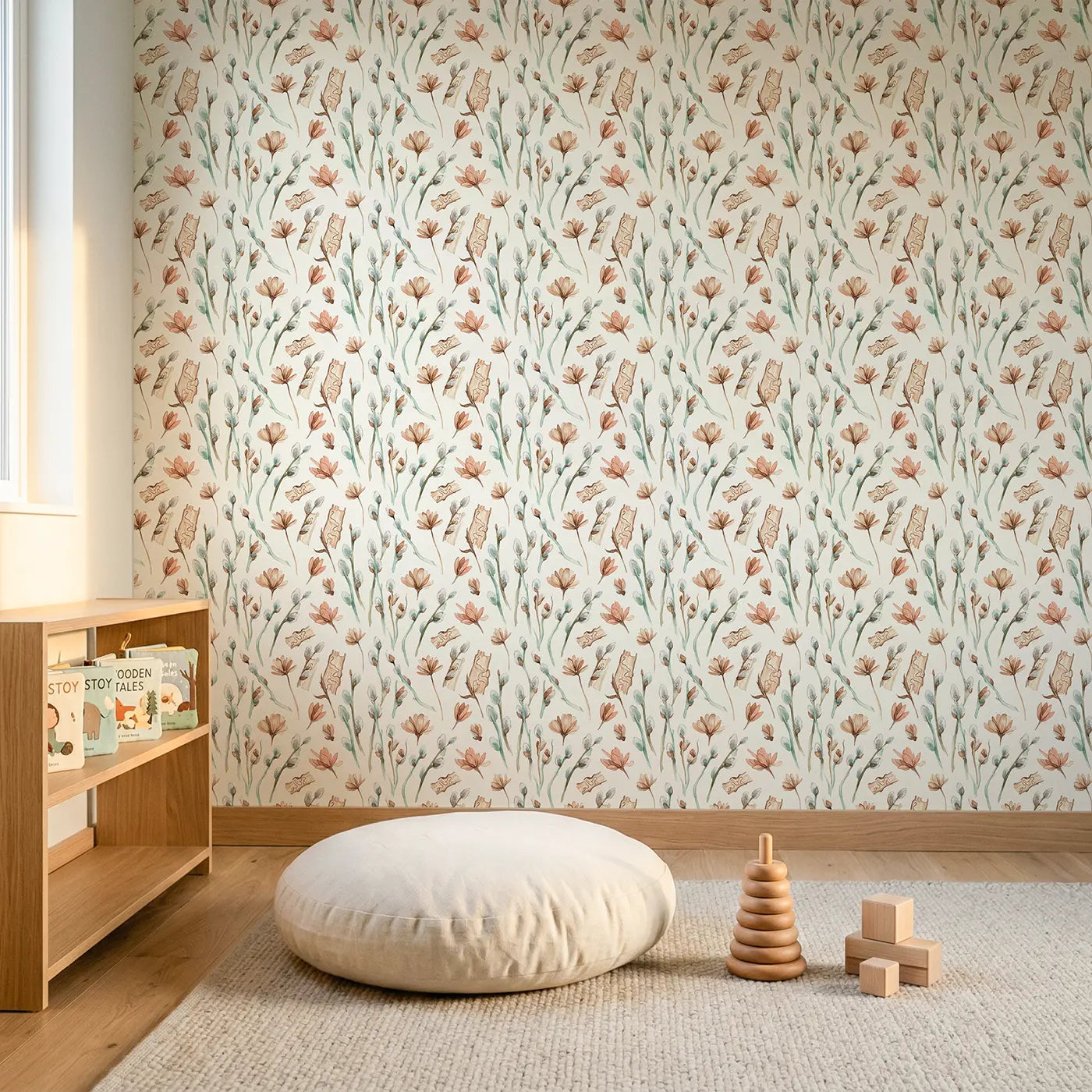 Pussy Willow Watercolor wallpaper in Scandinavian nursery - Whimsy Tots