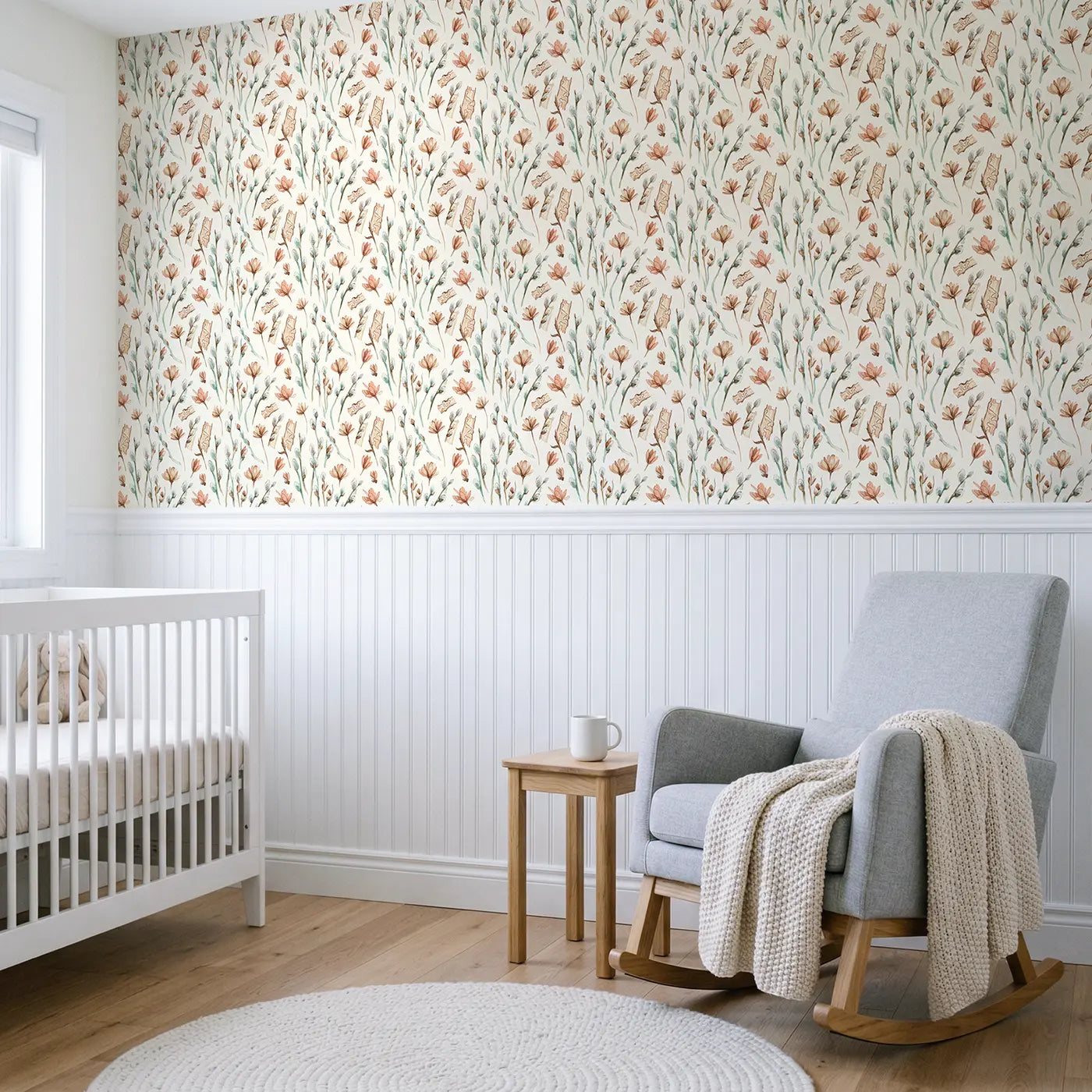 Pussy Willow Watercolor wallpaper above wainscoting - Whimsy Tots