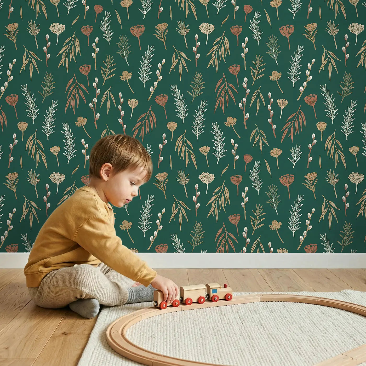 Rosemary Sprigs Block Print wallpaper in styled kids room - Whimsy Tots