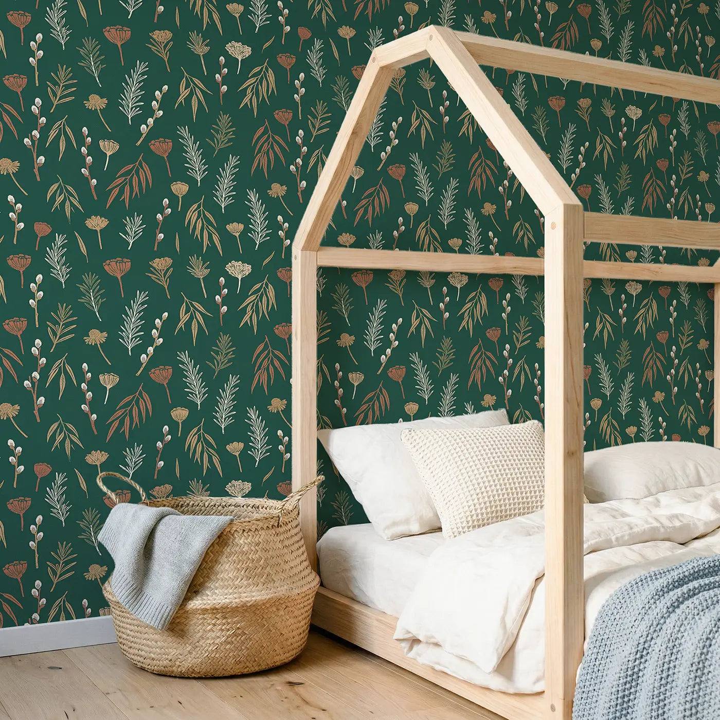 Rosemary Sprigs Block Print wallpaper in Scandinavian nursery - Whimsy Tots