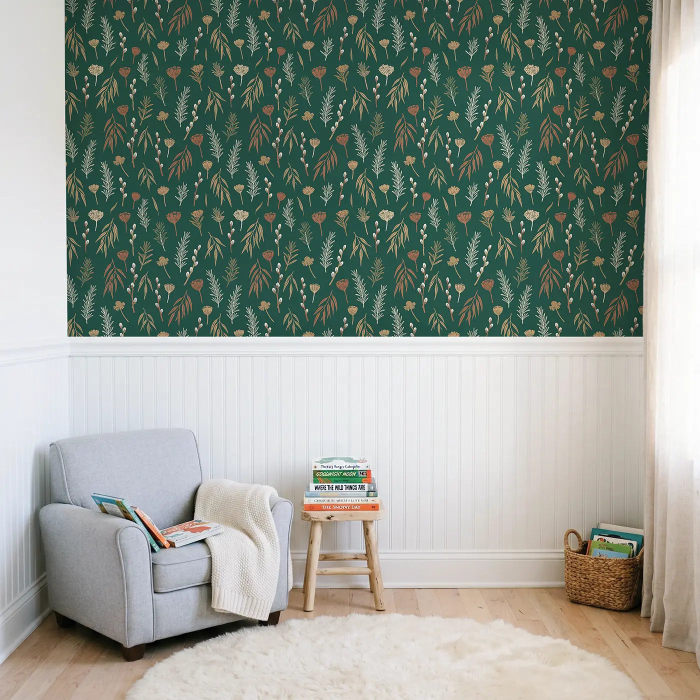Rosemary Sprigs Block Print wallpaper above wainscoting - Whimsy Tots