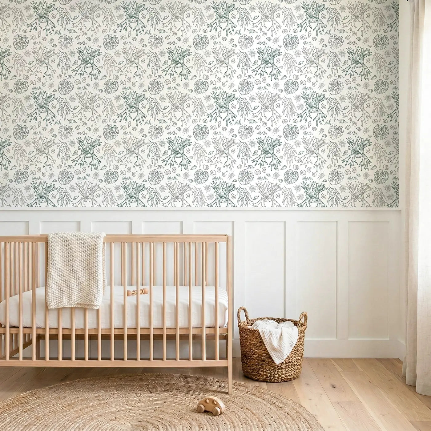 Staghorn Fern Dramatic Hand-Drawn wallpaper above wainscoting - Whimsy Tots