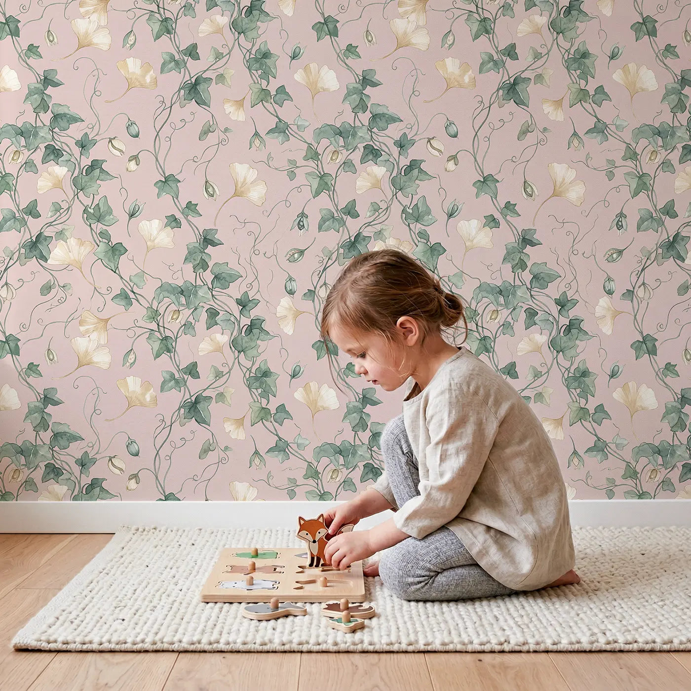 Golden Ginkgo Leaves Watercolor wallpaper in styled kids room - Whimsy Tots