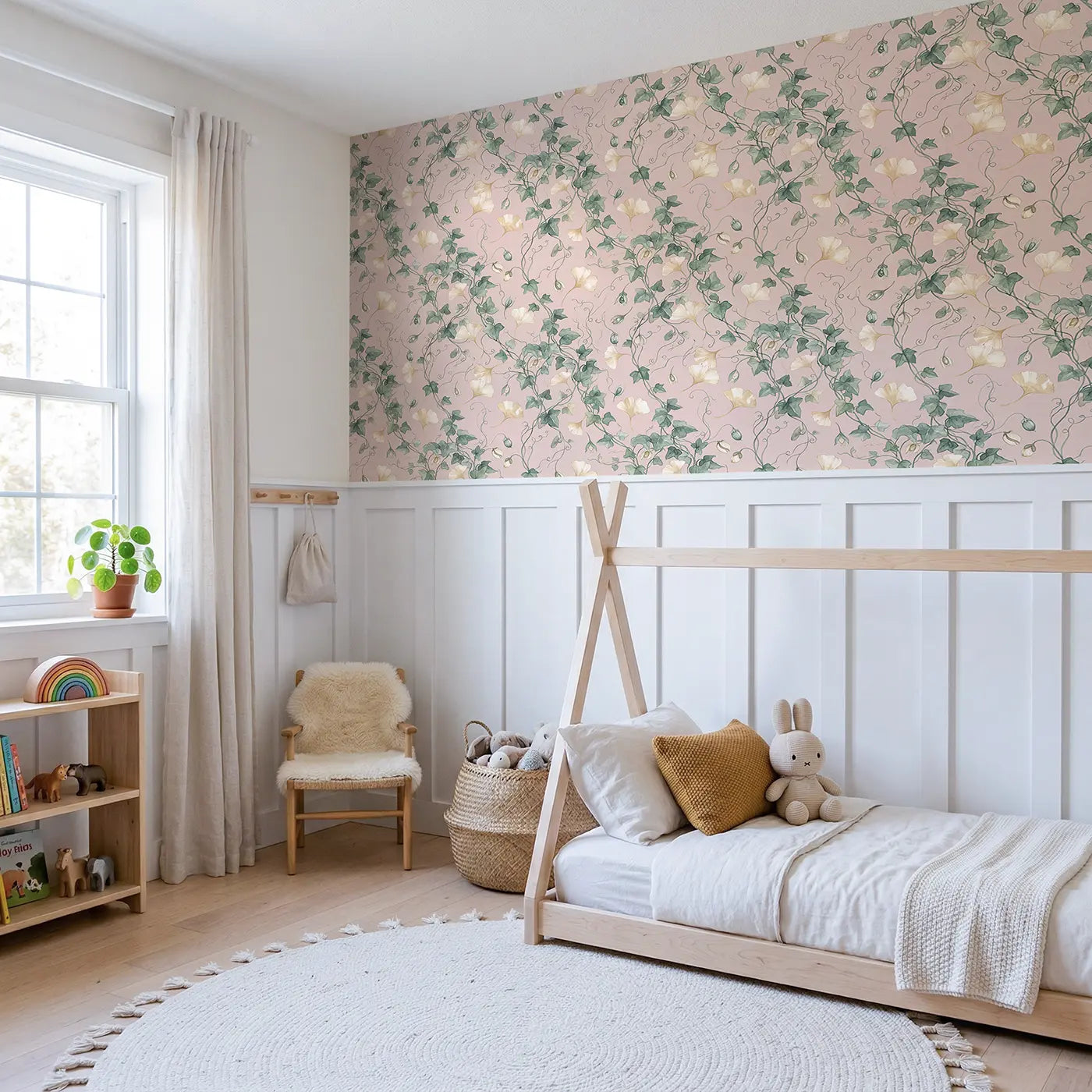 Golden Ginkgo Leaves Watercolor wallpaper above wainscoting - Whimsy Tots