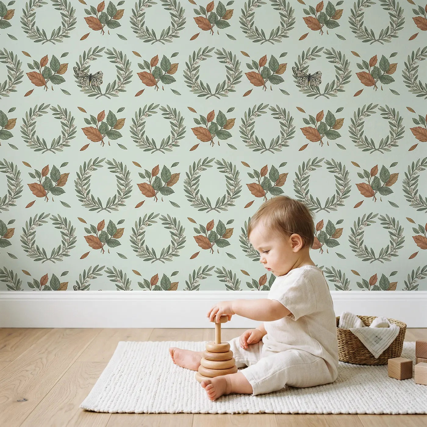 Olive Branch Wreath Botanical Elegance II wallpaper in styled kids room - Whimsy Tots