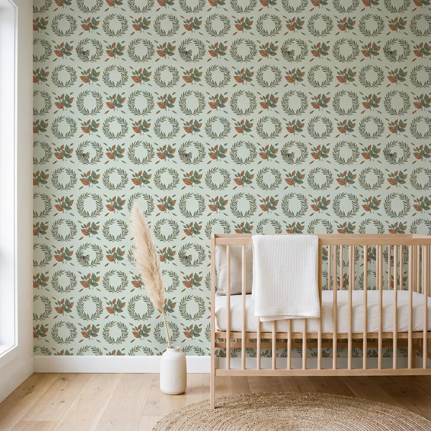 Olive Branch Wreath Botanical Elegance II wallpaper in Scandinavian nursery - Whimsy Tots