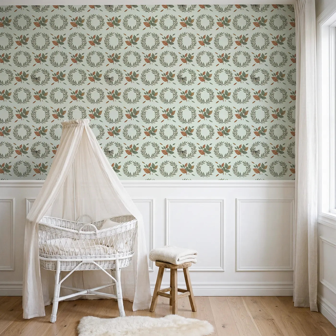 Olive Branch Wreath Botanical Elegance II wallpaper above wainscoting - Whimsy Tots