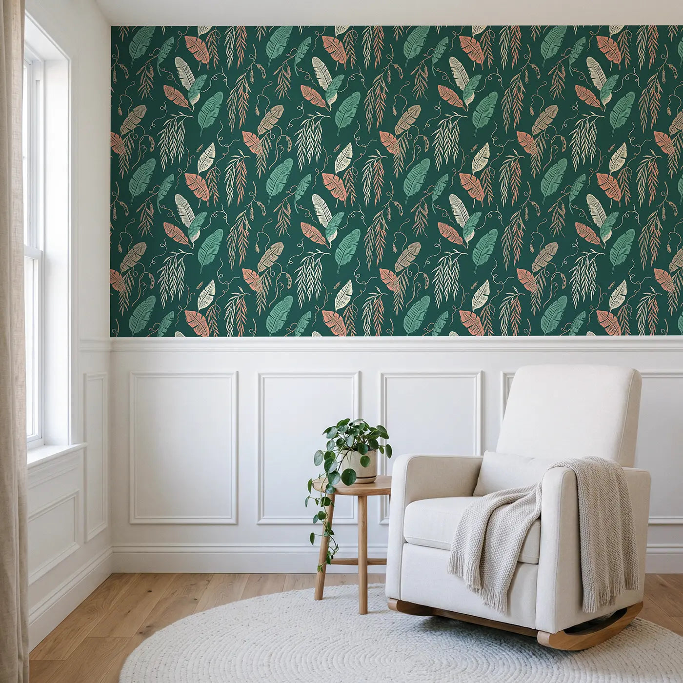 Banana Leaf Block Print wallpaper above wainscoting - Whimsy Tots