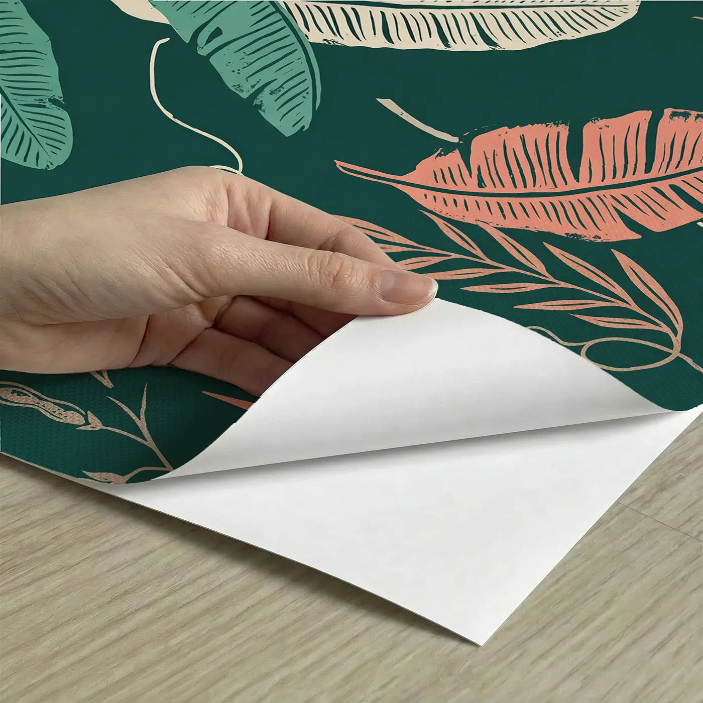Banana Leaf Block Print peel and stick material close-up - Whimsy Tots