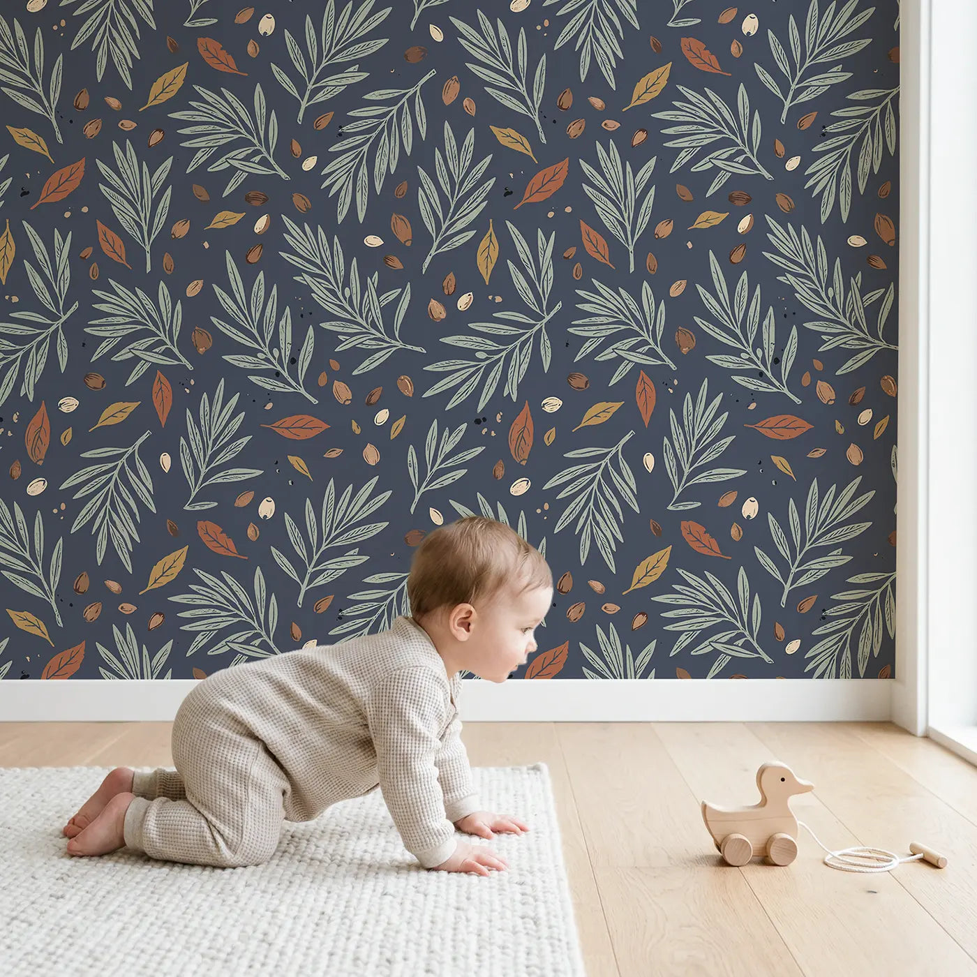 Olive Branches Block Print wallpaper in styled kids room - Whimsy Tots